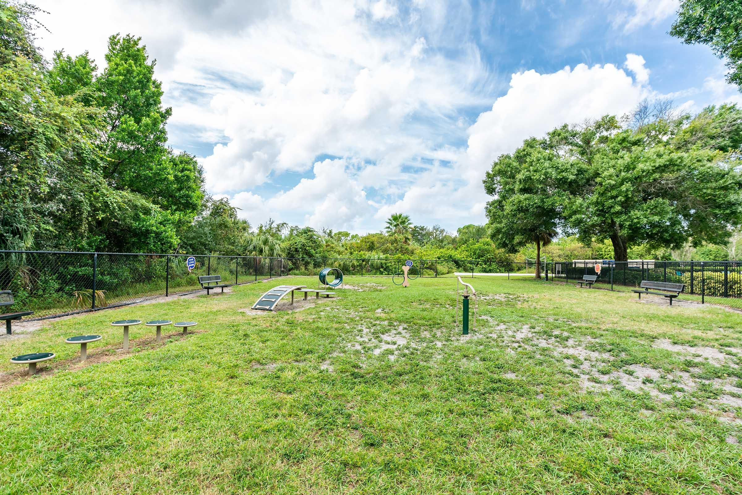 A spacious dog park featuring green grass, benches, and various agility equipment such as tunnels and platforms. The area is surrounded by trees and a black fence, with a cloudy blue sky overhead. Ideal for pets to play and socialize.