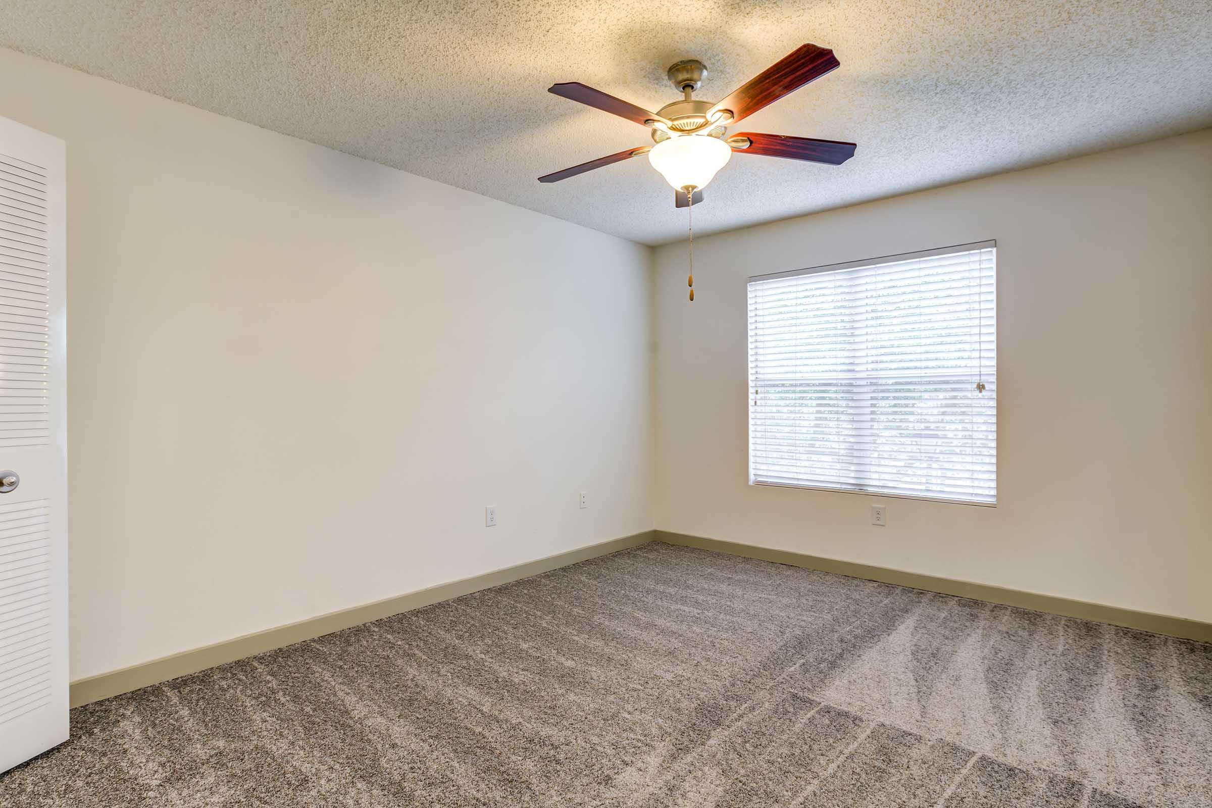 Empty room featuring light-colored walls, a ceiling fan with light fixture, and a large window with blinds. The floor is covered in textured carpeting, and there is a closet door on one side of the room. The overall atmosphere is bright and spacious.