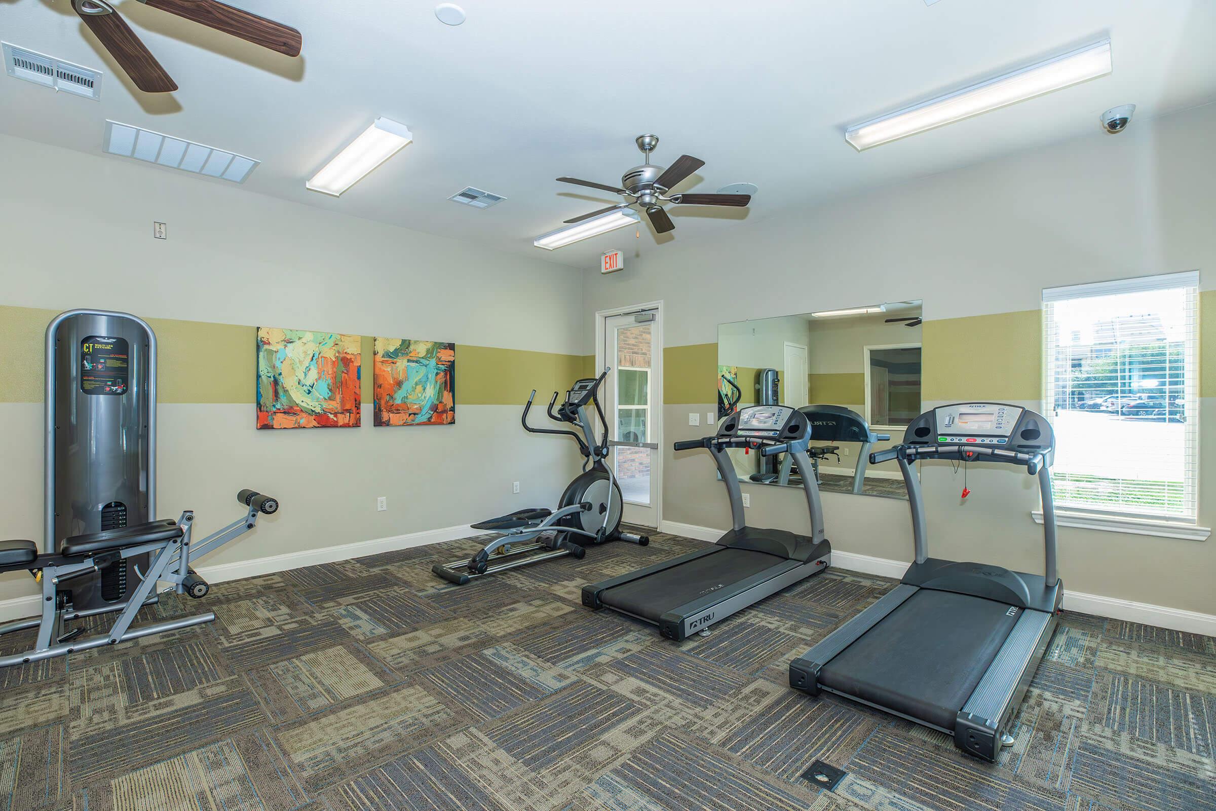A modern gym interior featuring two treadmills, an elliptical machine, and a weight machine. The room has a ceiling fan and is well-lit with natural light coming through a window. Colorful abstract art decorates the wall, and the flooring has a patterned design.