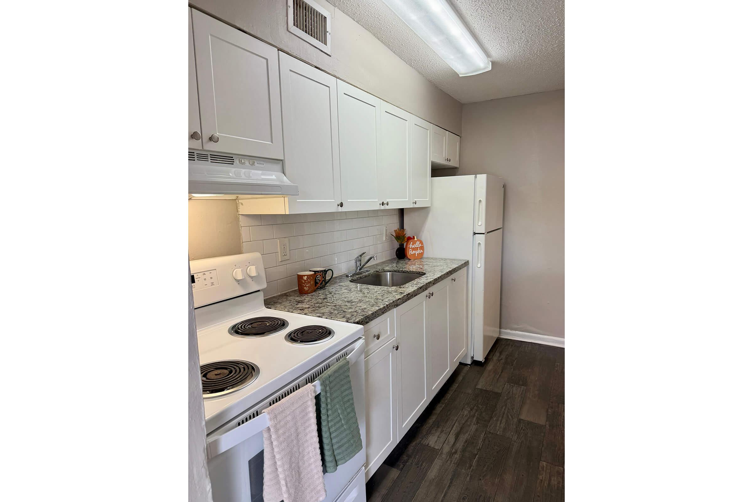 A modern kitchen featuring white cabinets, a granite countertop, and stainless steel appliances. The stove and oven are to the left, with a small sink and bowls on the counter. A white refrigerator stands against the wall, and there is natural light from a window above the sink.