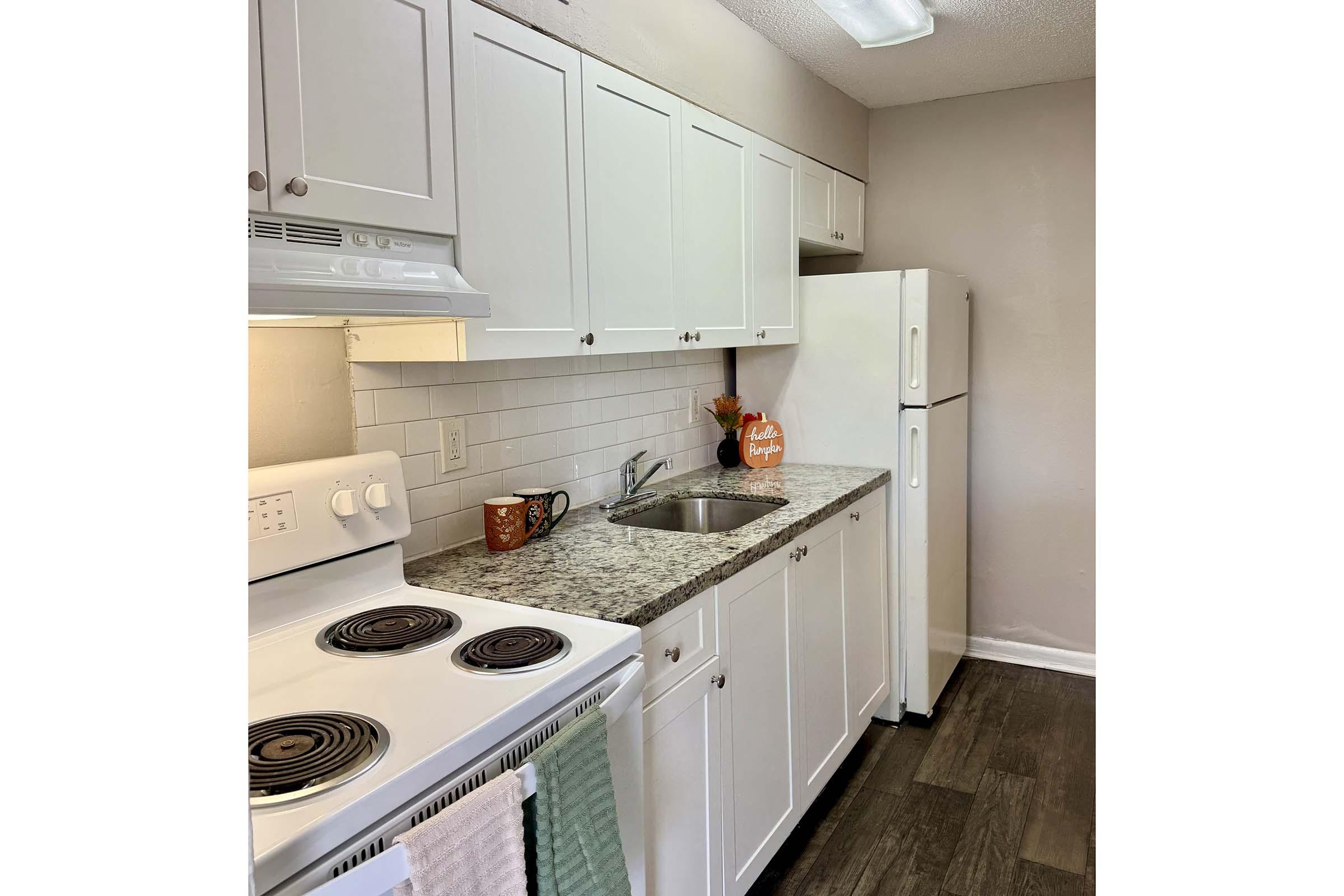 Modern kitchen featuring white cabinetry, granite countertops, a stainless steel sink, and an electric stove. The area includes a refrigerator, a decorative orange vase, and a dish towel hanging from the stove. The flooring is dark, and the walls are painted light gray, creating a bright and inviting atmosphere.