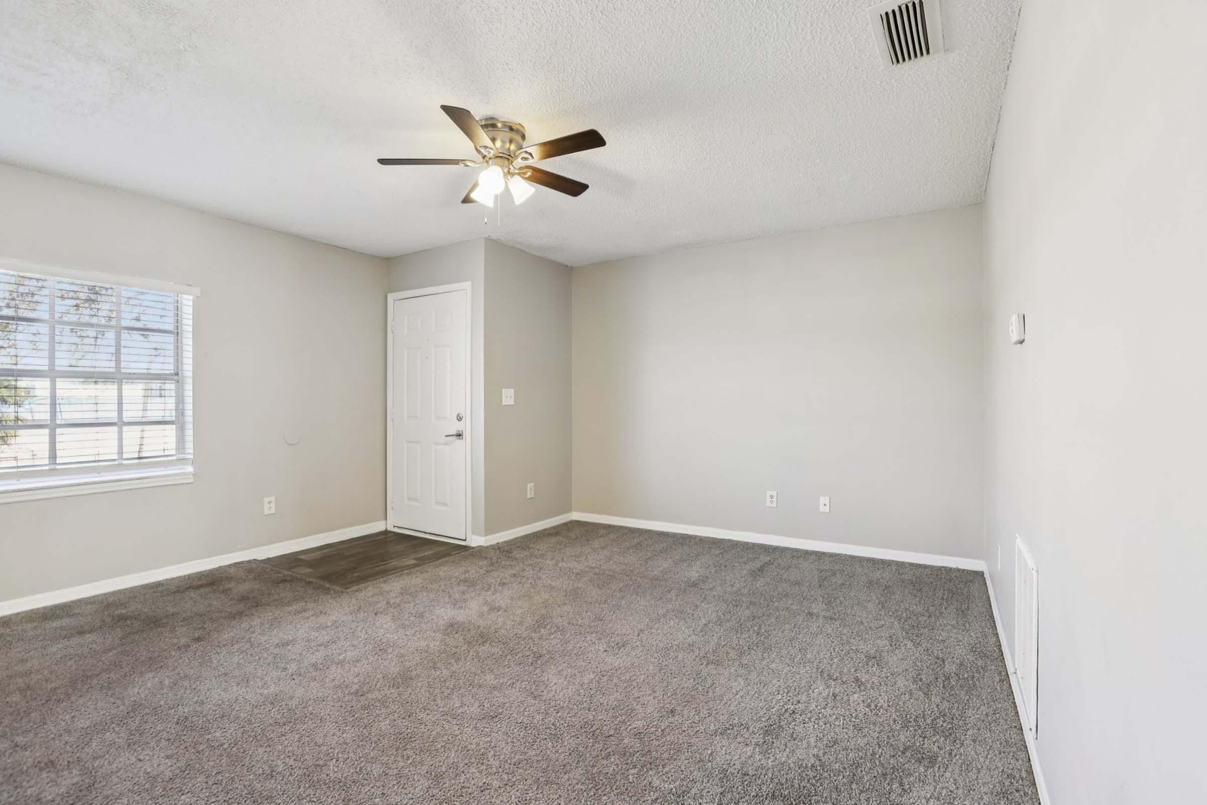 A spacious, empty living room with light gray walls and plush carpet. A ceiling fan is visible, and there's a window with blinds providing natural light. A single door leads to another room, and wall outlets are present. The overall atmosphere is bright and inviting, perfect for personalization.