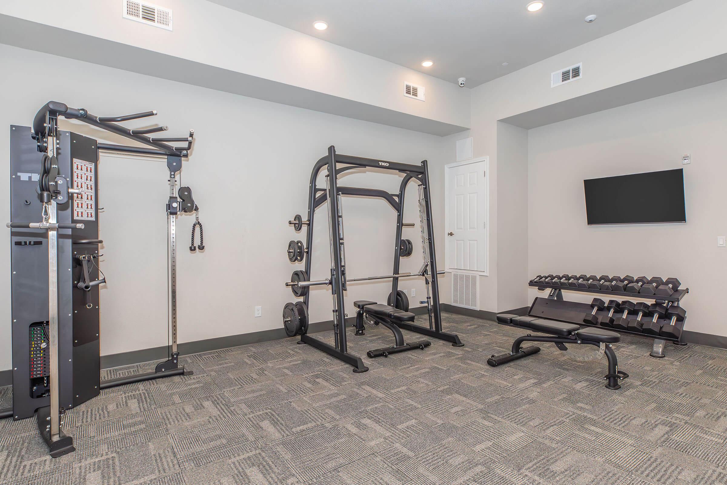 A spacious gym area featuring strength training equipment. There is a multi-station workout machine, a squat rack with a barbell, and a bench with free weights on a rack. The room has neutral walls, overhead lighting, and a flat-screen TV mounted on the wall, creating a modern workout environment.