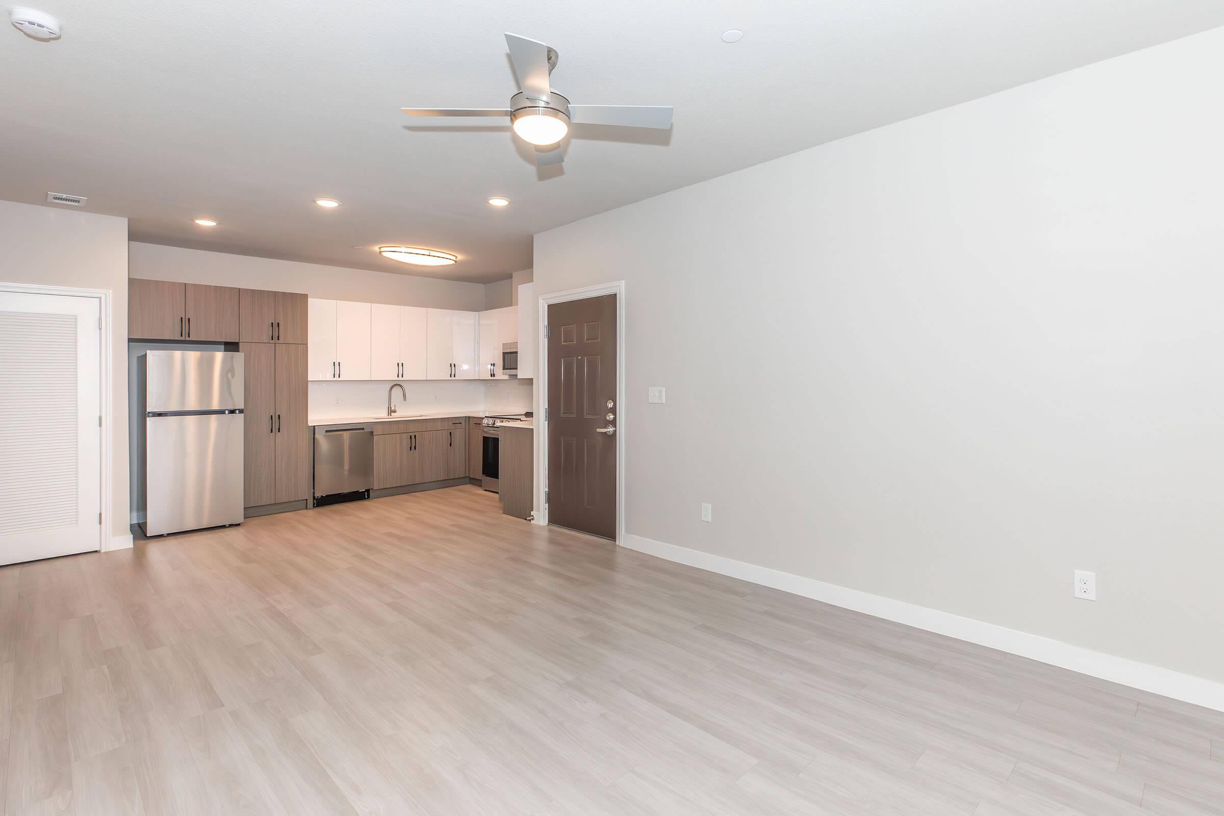 Modern, open-concept apartment interior featuring a spacious living area with light wood flooring, a ceiling fan, and a contemporary kitchen equipped with stainless steel appliances and white cabinetry. The walls are painted in a neutral tone, creating a bright and airy atmosphere.