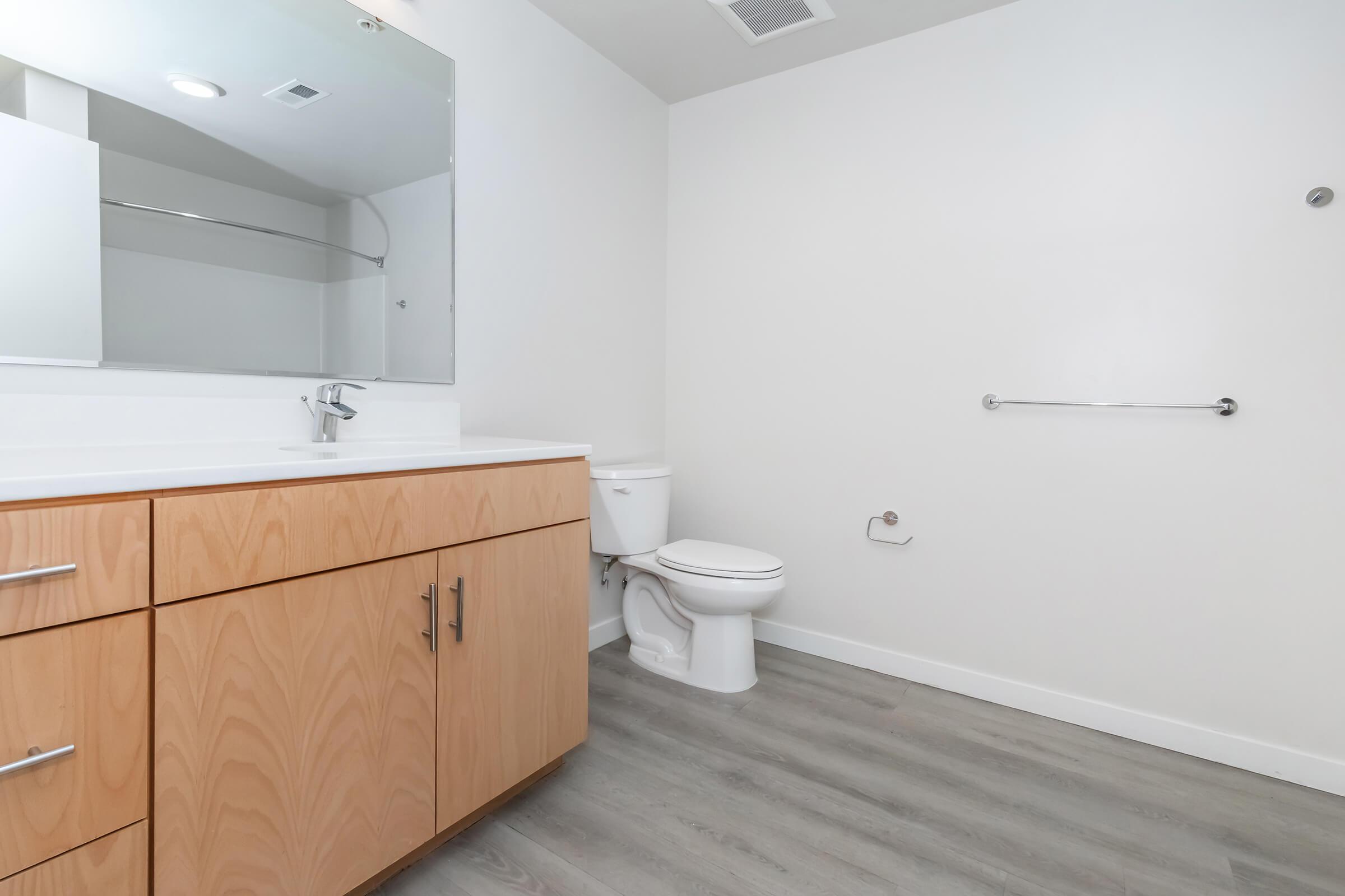 A modern bathroom featuring a wooden vanity with multiple drawers, a sink, a large mirror above, and a white toilet. The walls are painted white, and the flooring is light wood. A handrail is mounted on the wall beside the toilet, enhancing accessibility. Bright, clean, and minimalistic design.