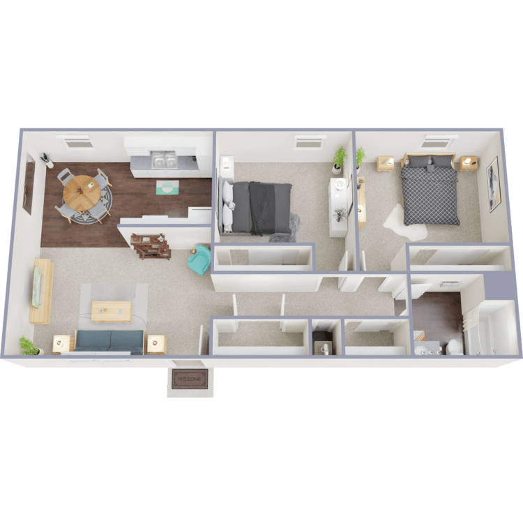 2 Bed 1 Bath B, a 2 bedroom 1 bathroom floor plan.