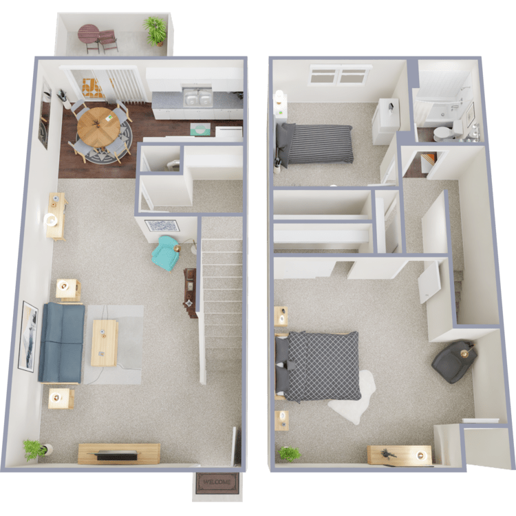 2 Bed Townhome, a 2 bedroom 1 bathroom floor plan.