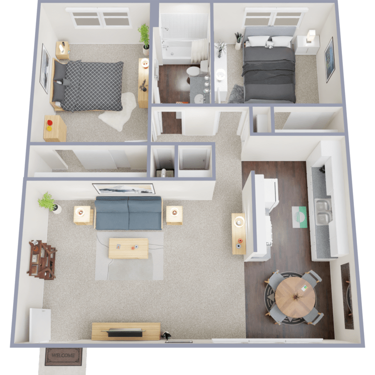 2 Bed 1 Bath A, a 2 bedroom 1 bathroom floor plan.