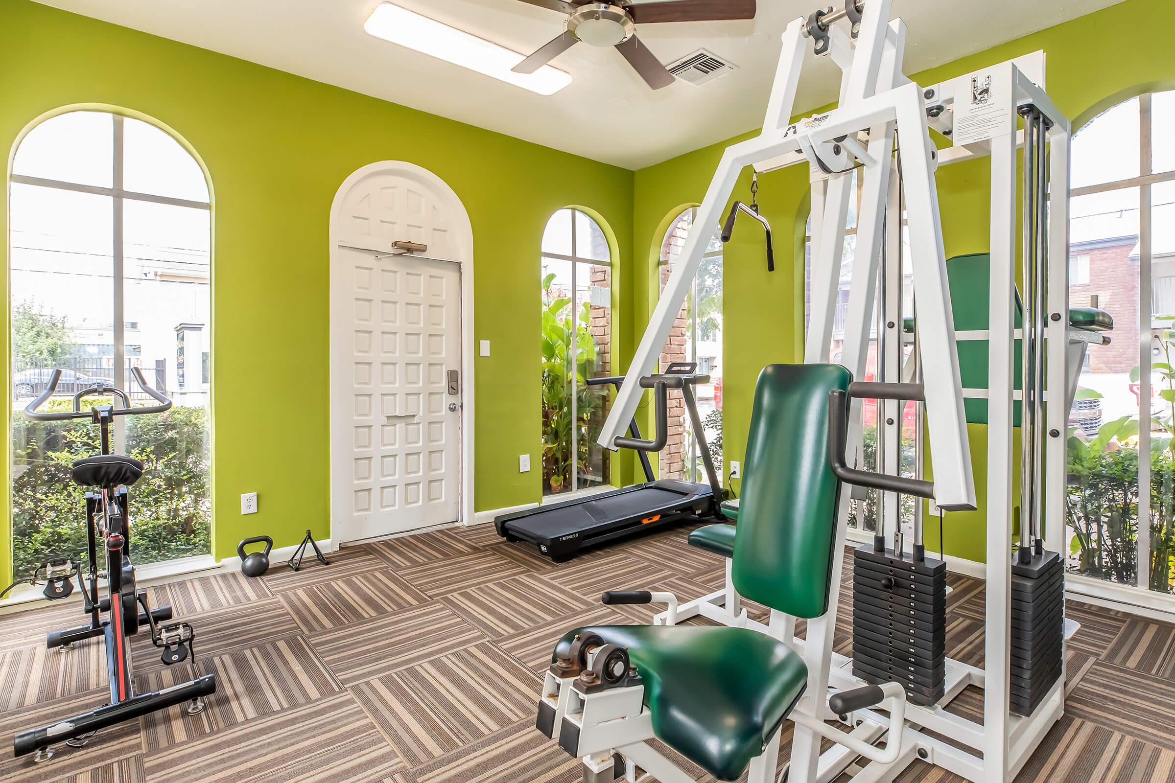 A brightly lit gym with green walls, featuring a multi-station workout machine, a stationary bike, and a treadmill. The room has large windows allowing natural light, and there are potted plants visible outside. The floor is covered with a patterned carpet.