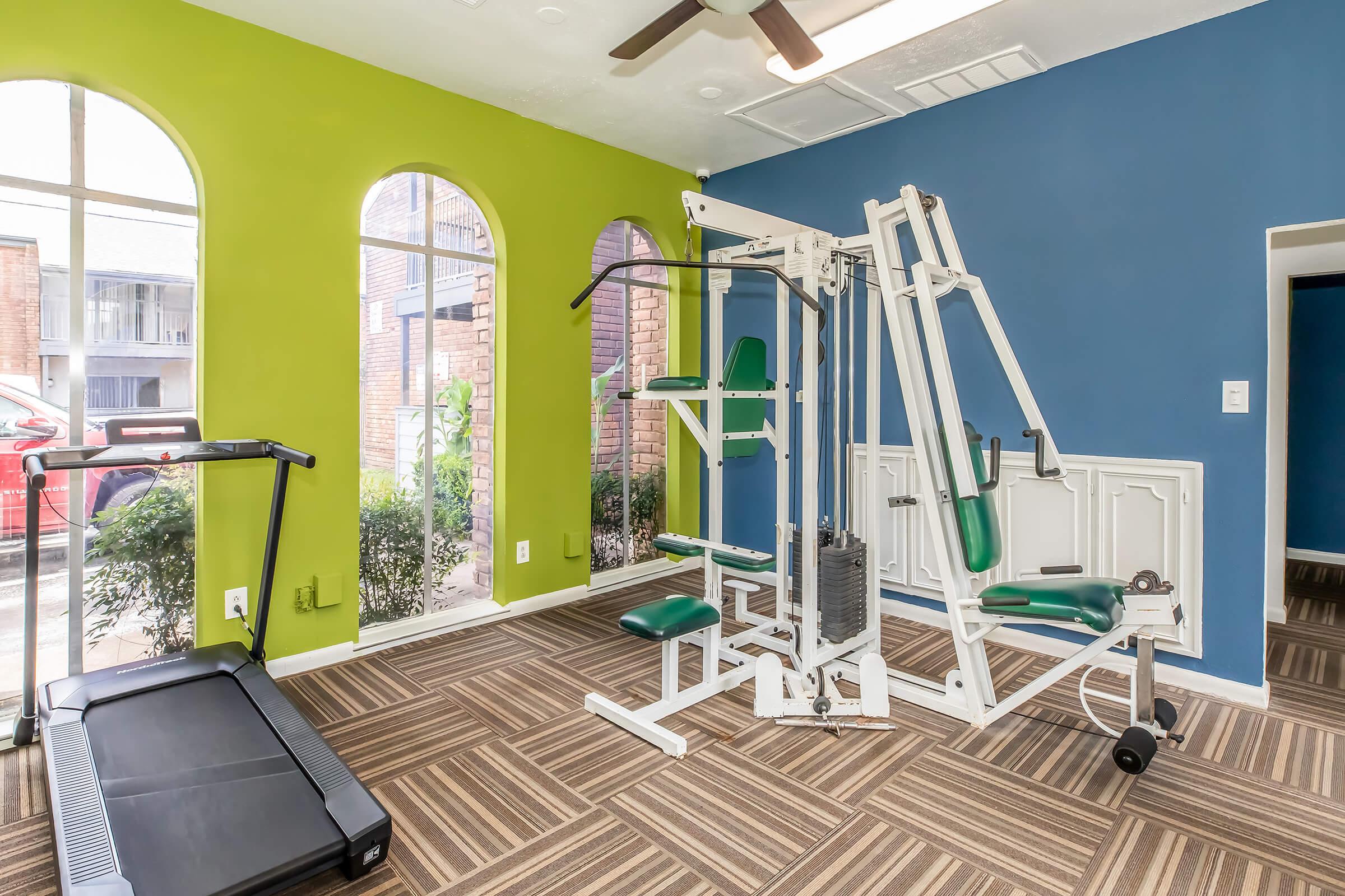 A bright and inviting gym interior featuring a treadmill and a multi-gym machine. The walls are painted in vibrant green and blue colors, with large arched windows allowing natural light. The floor has a striped carpet, creating a modern and welcoming workout space.