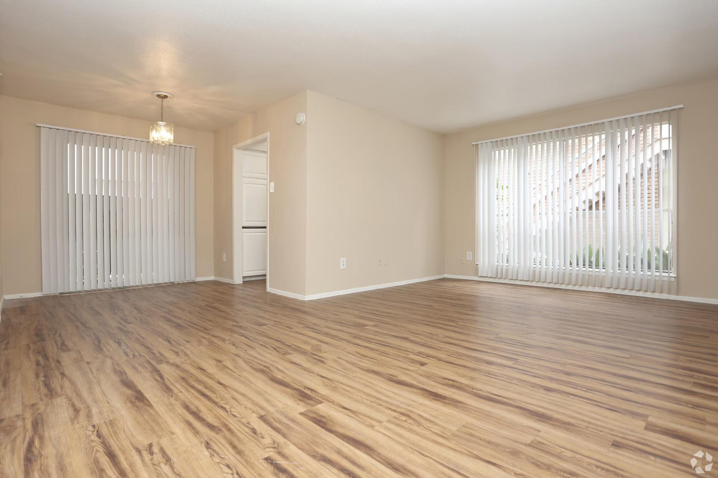 Spacious, empty living room with wooden flooring, featuring a large window with vertical blinds, a sliding glass door leading outside, and a modern light fixture. Walls are painted a light color, contributing to a bright and airy atmosphere.