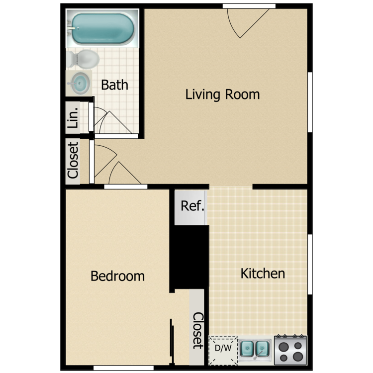 1 Bed 1 Bath Classic floor plan image