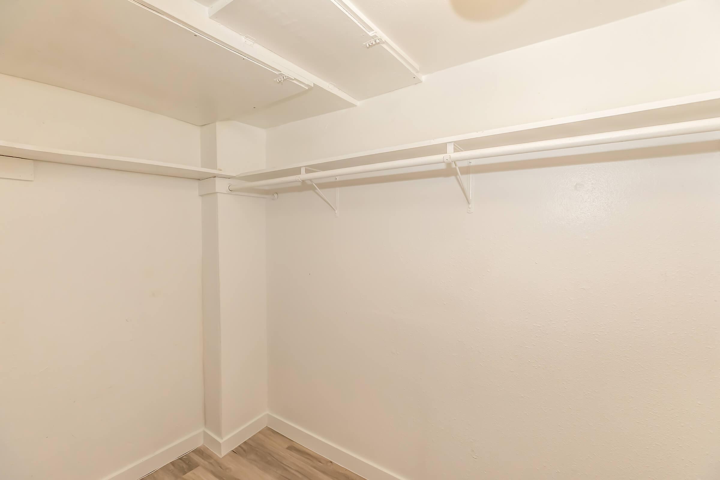 Empty closet with white walls and two hanging rods. The floor is light-colored wood. No shelves or additional storage are visible. The overall space appears clean and organized.