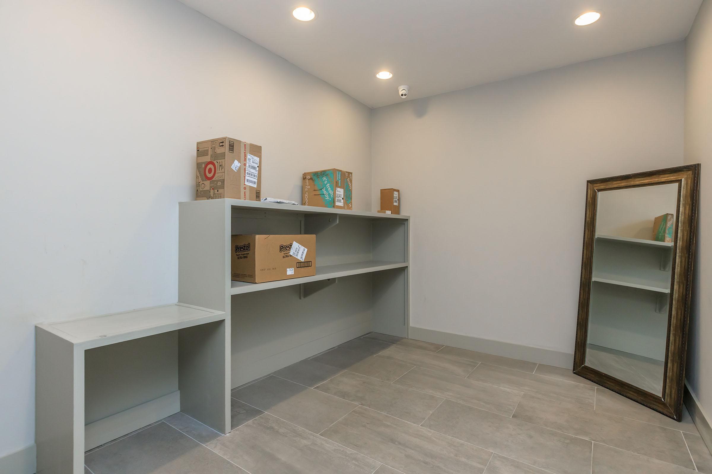 Empty room with light gray walls and tile flooring. There are two shelves along one wall displaying several cardboard boxes, and a standing mirror with an ornate frame. The space is well-lit with recessed ceiling lights, giving it a bright and open appearance.