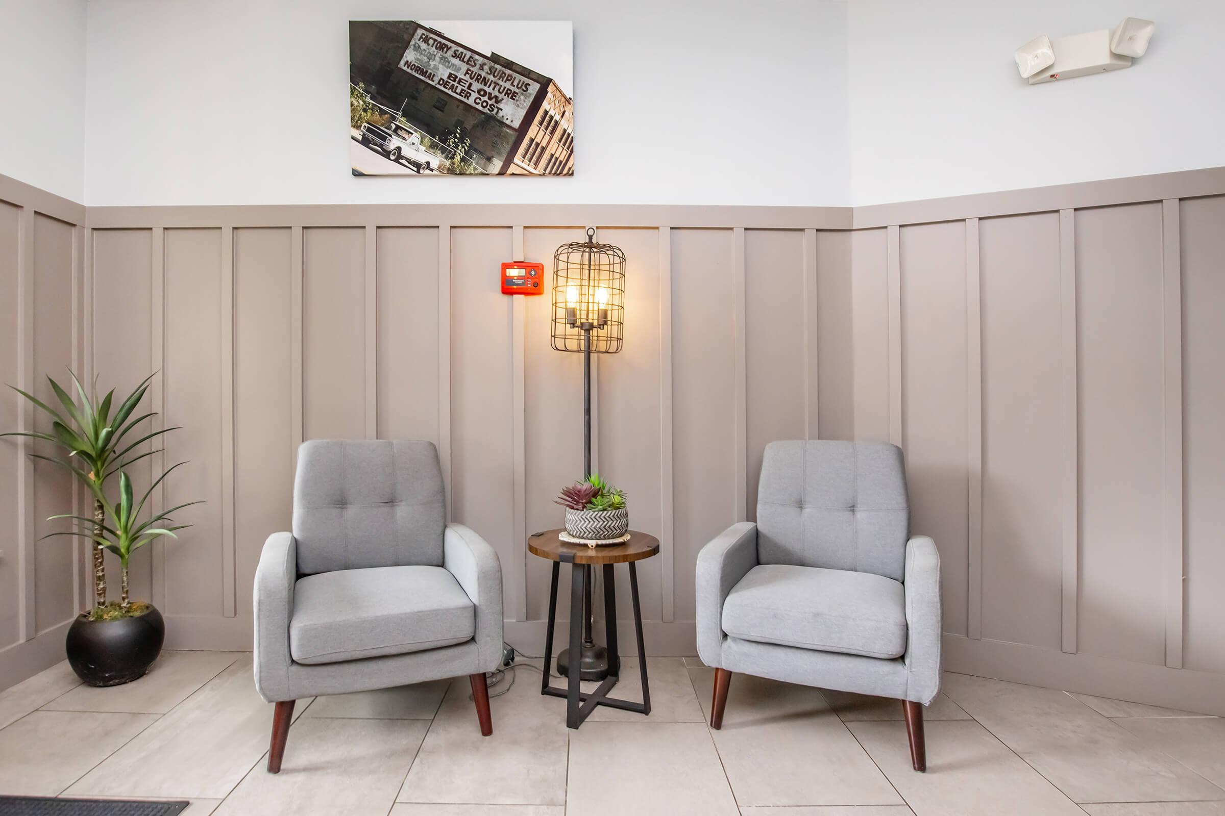 A cozy indoor setting featuring two light gray armchairs positioned next to a small round table with a plant. A stylish lamp with a cage design stands beside the chairs. The wall behind is paneled in a soft beige color, and there is a framed photograph hanging above.