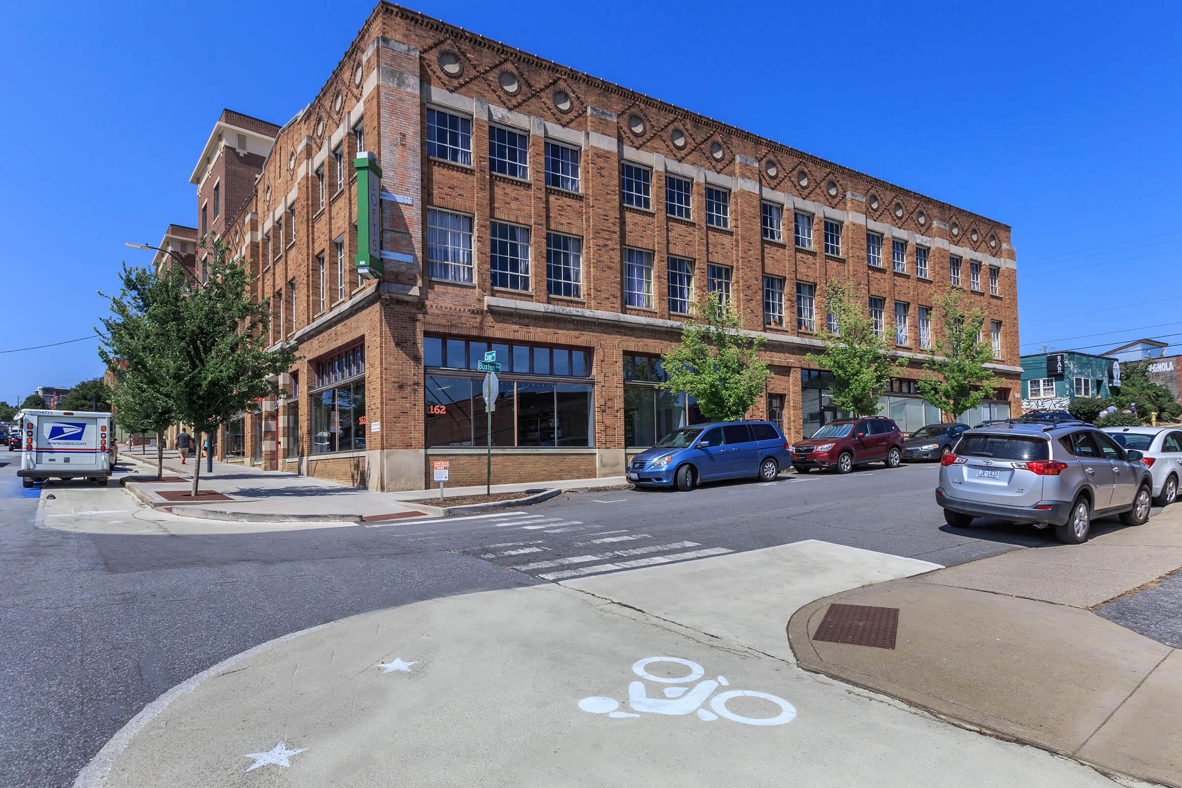 Beautiful brick building at The Lofts at South Slope in Asheville, North Carolina.