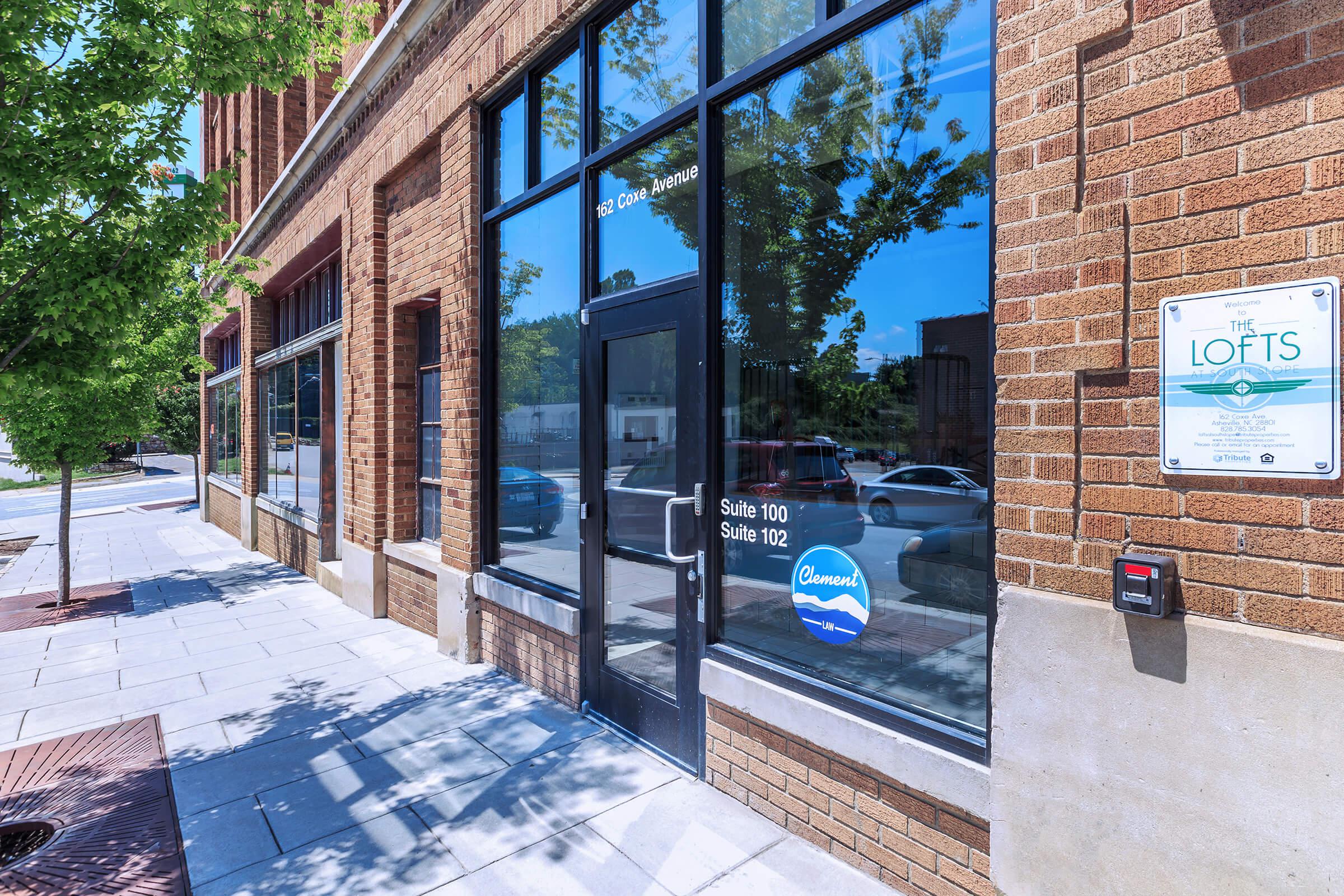 Main entrance at The Lofts at South Slope in Asheville, NC.