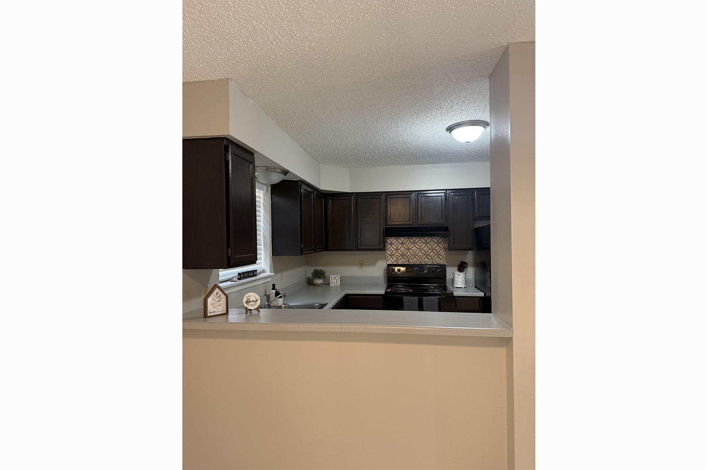 Modern kitchen with dark wood cabinets, a black stove and oven, and a light-colored countertop. The space features a decorative tile backsplash and a window allowing natural light. There’s a small decorative item on the counter, and the walls are painted in a neutral color. The kitchen has a cozy, inviting atmosphere.