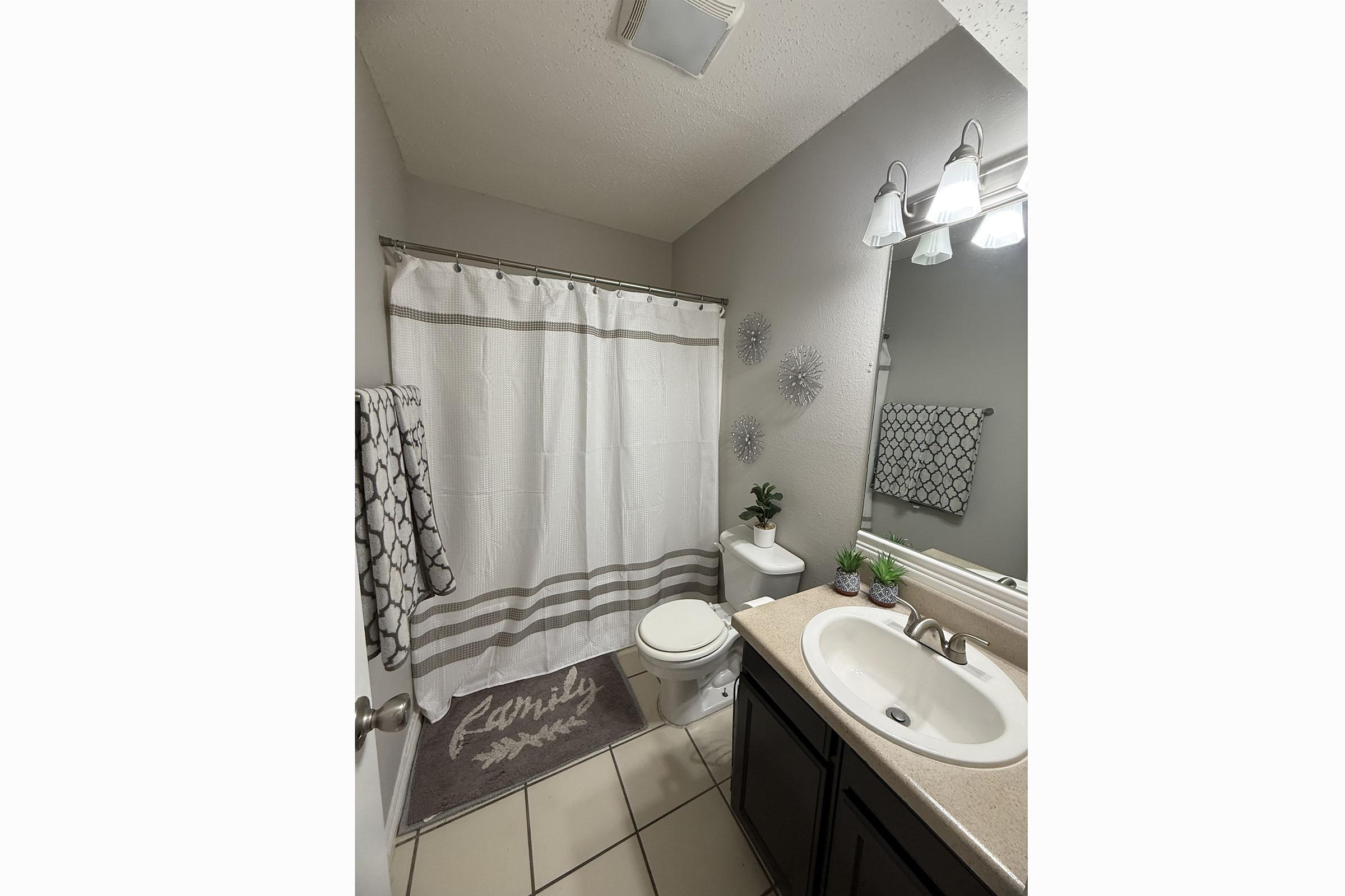 A clean bathroom featuring a white shower curtain with gray stripes, a toilet, and a sink with a countertop. There is a decorative rug on the floor that says "Family," a towel hanging on the wall, and wall decor made up of round, textured objects. The lighting is bright and the walls are painted a light color.