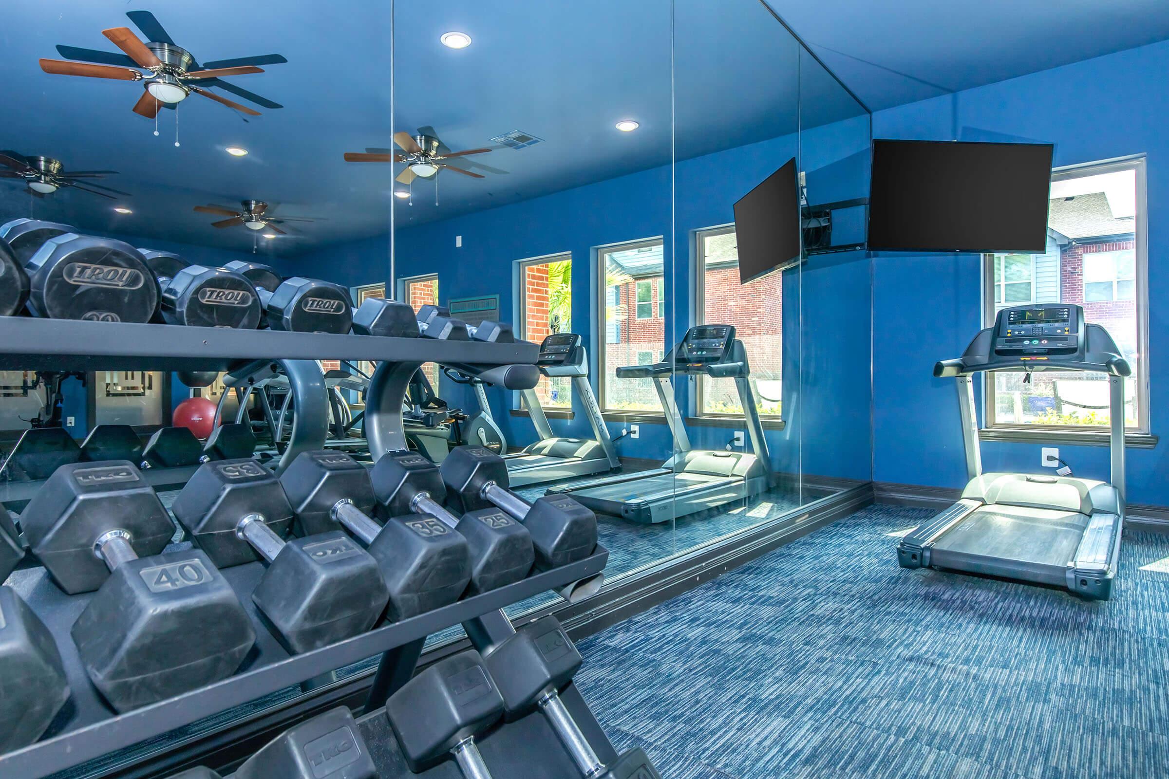 A modern fitness room featuring a wall of free weights, including a rack of dumbbells labeled up to 40 pounds. There are two treadmills in front of a large mirror, with windows letting in natural light. The walls are painted blue, and two ceiling fans are visible. Two flat-screen TVs are mounted on the wall.