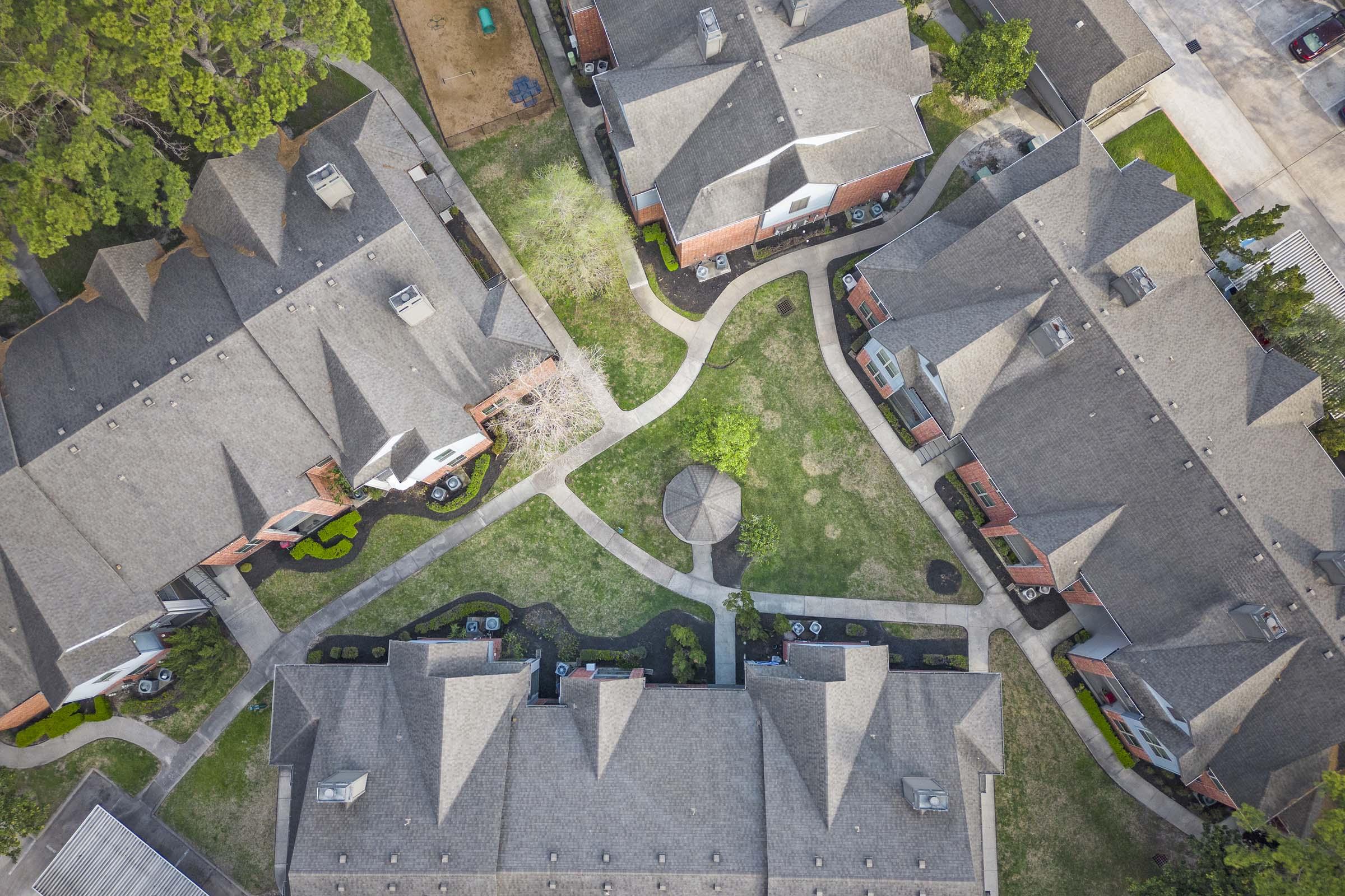 an aerial view of a city street