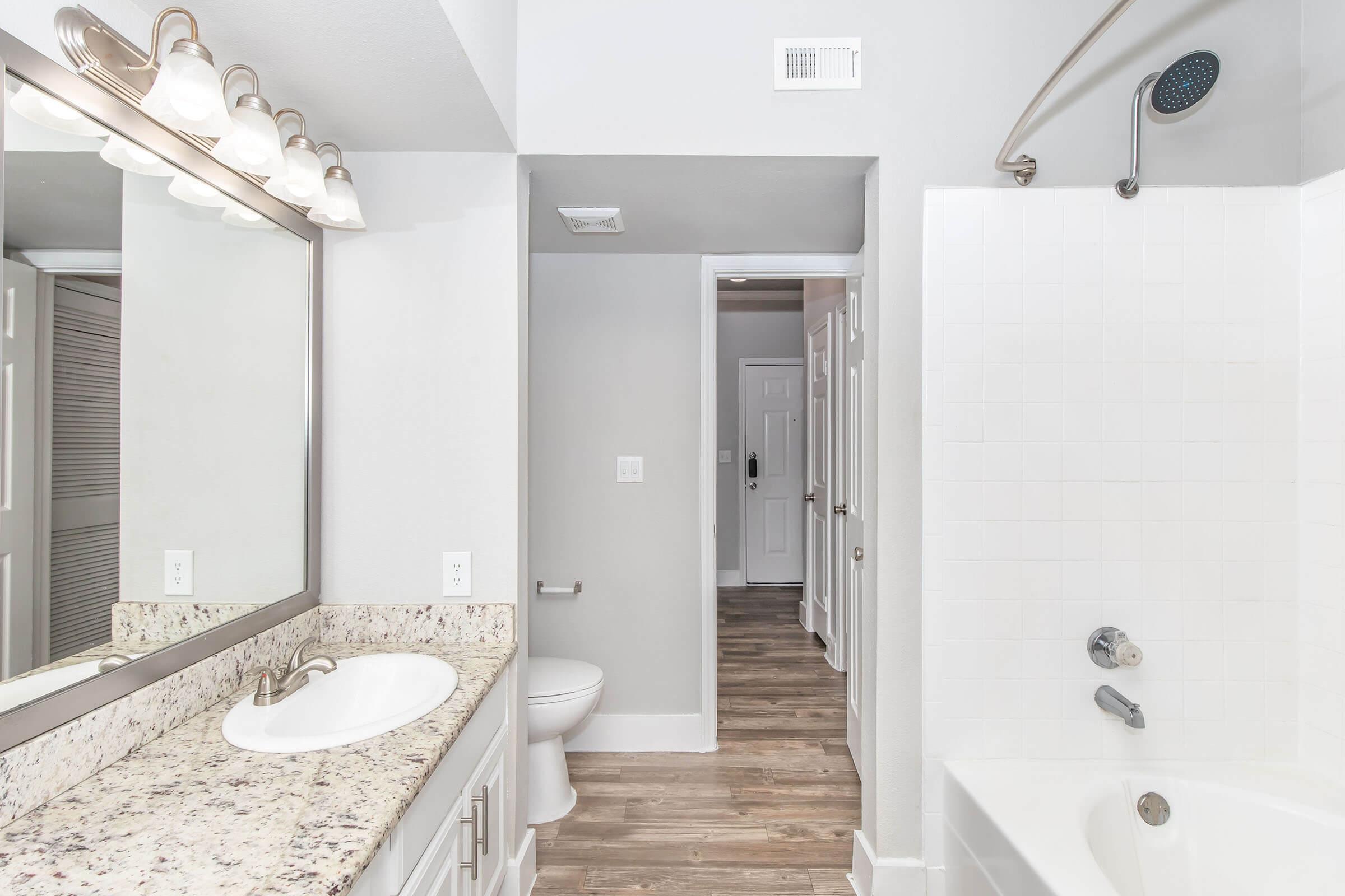 A modern bathroom featuring a granite countertop with a sink, a large mirror above it, and a shower with a glass door. The walls are painted in light gray, and there's a white tub. A hallway is visible in the background, leading to a door, with neutral-colored flooring throughout.