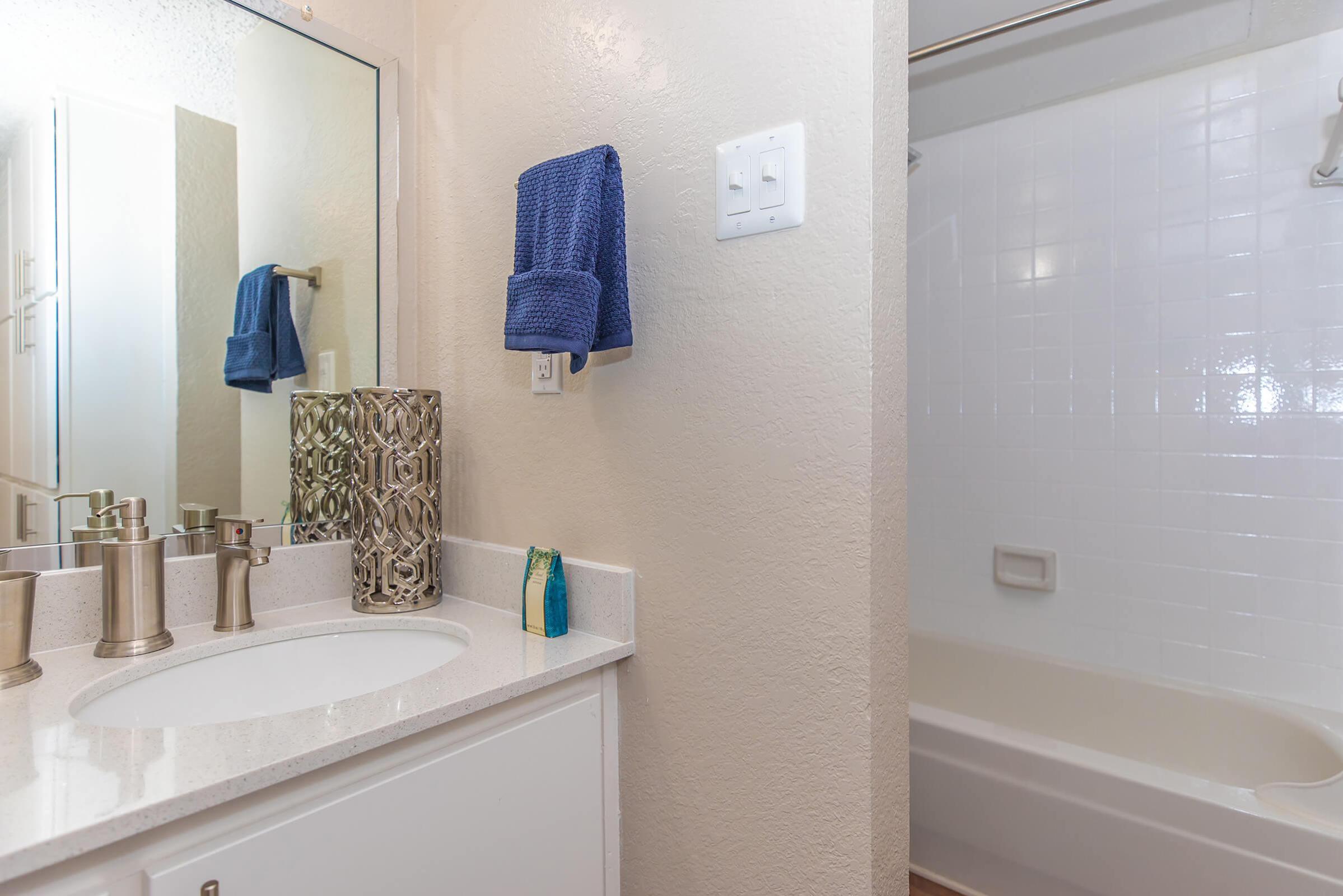 A bathroom with accessories on the vanity and a separated shower at Rise Oak Creek.