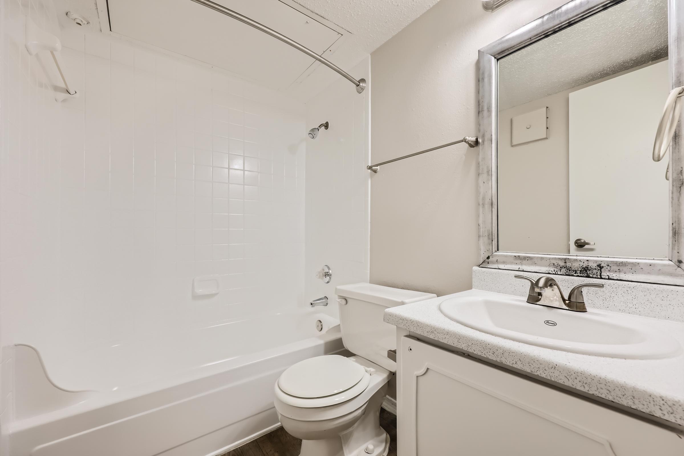 A bathroom with a shower, vanity, and mirror at Rise Oak Creek.