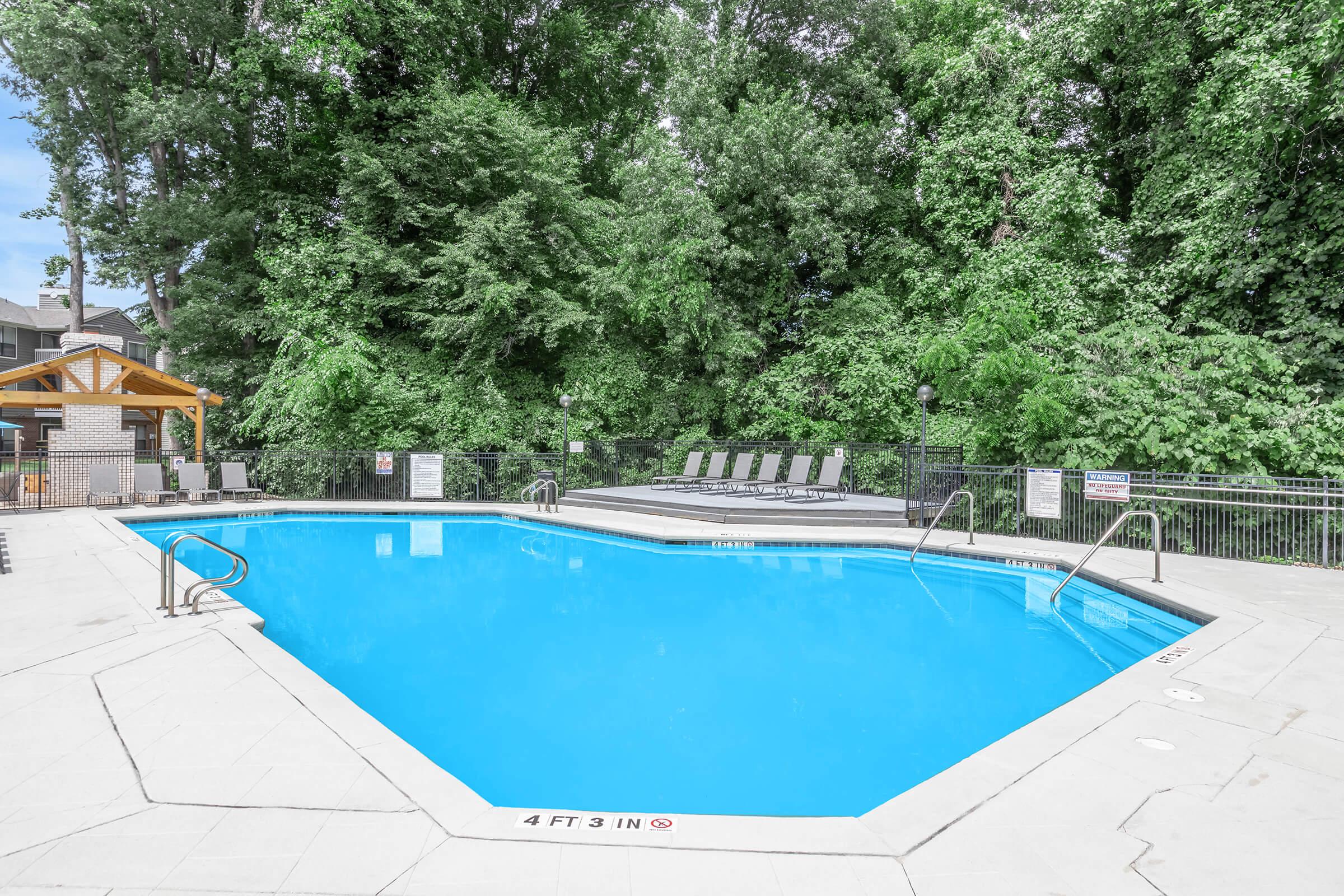A clear blue swimming pool surrounded by green trees and lounge chairs. The pool deck features a textured surface, and there are warning signs about the depth. Sunlight filters through the foliage, creating a serene outdoor atmosphere.