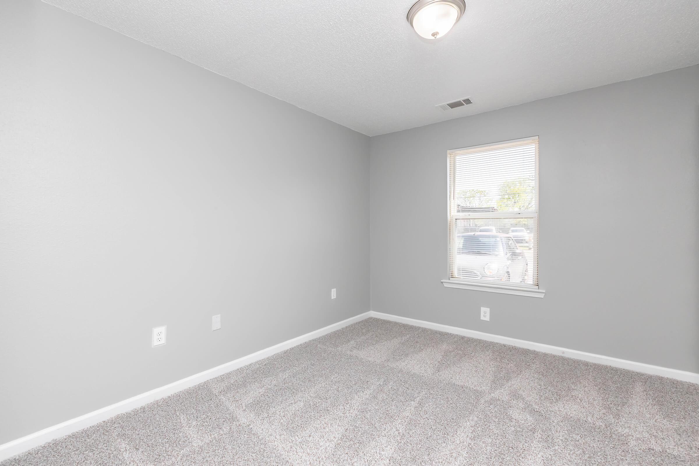 Empty room with light gray walls and carpeted flooring. There's a window on one wall allowing natural light, and a ceiling light fixture. The room appears clean and uncluttered, suitable for various uses such as a bedroom or office.