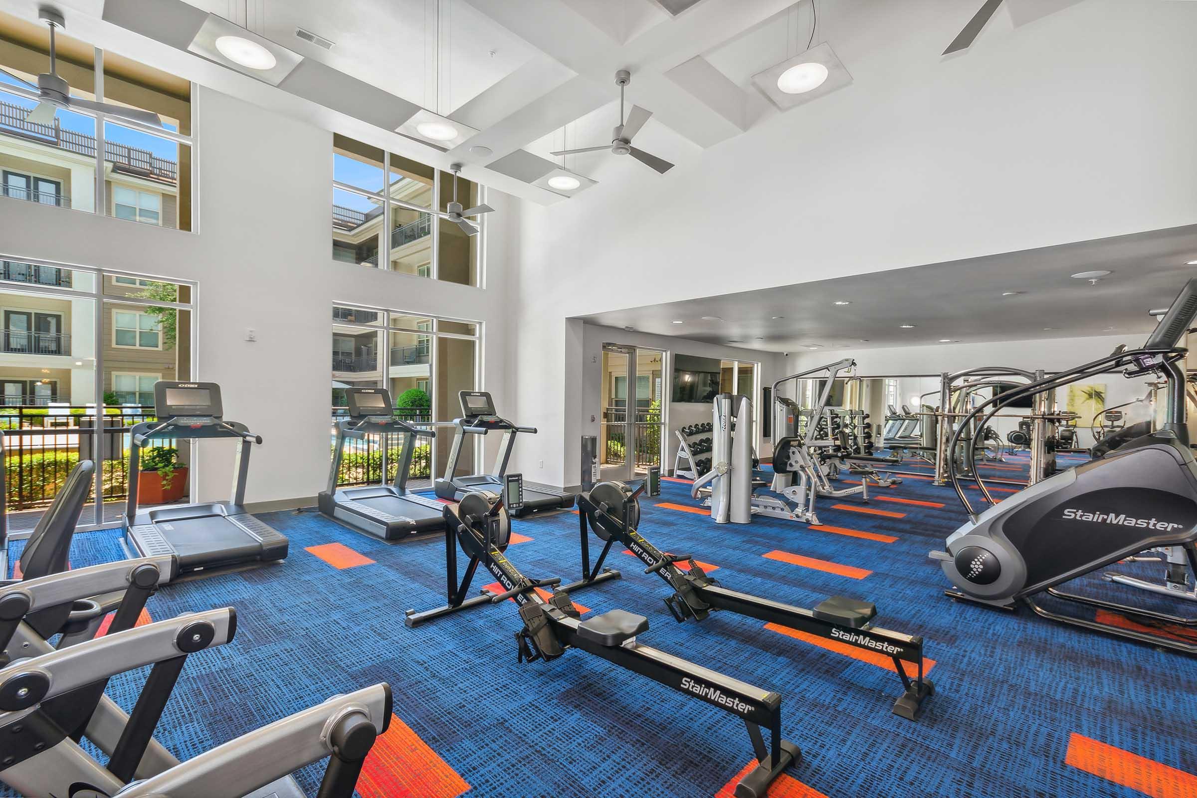 Modern gym interior featuring various workout equipment including treadmills, rowing machines, and exercise bikes.