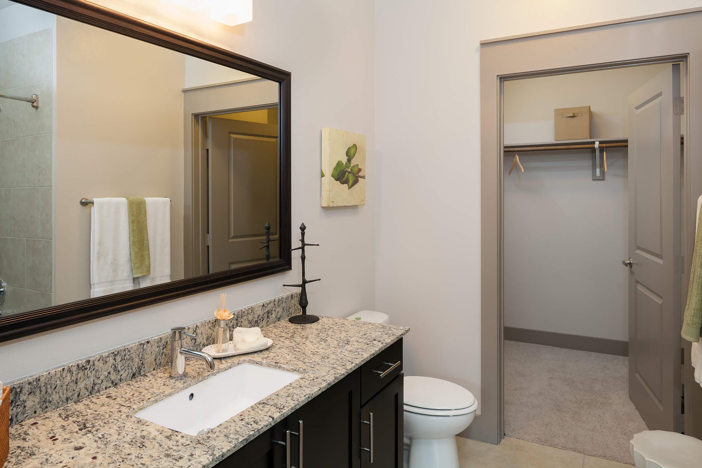 A modern bathroom featuring a granite countertop with a sink, decorative items, and towels hanging on a rack