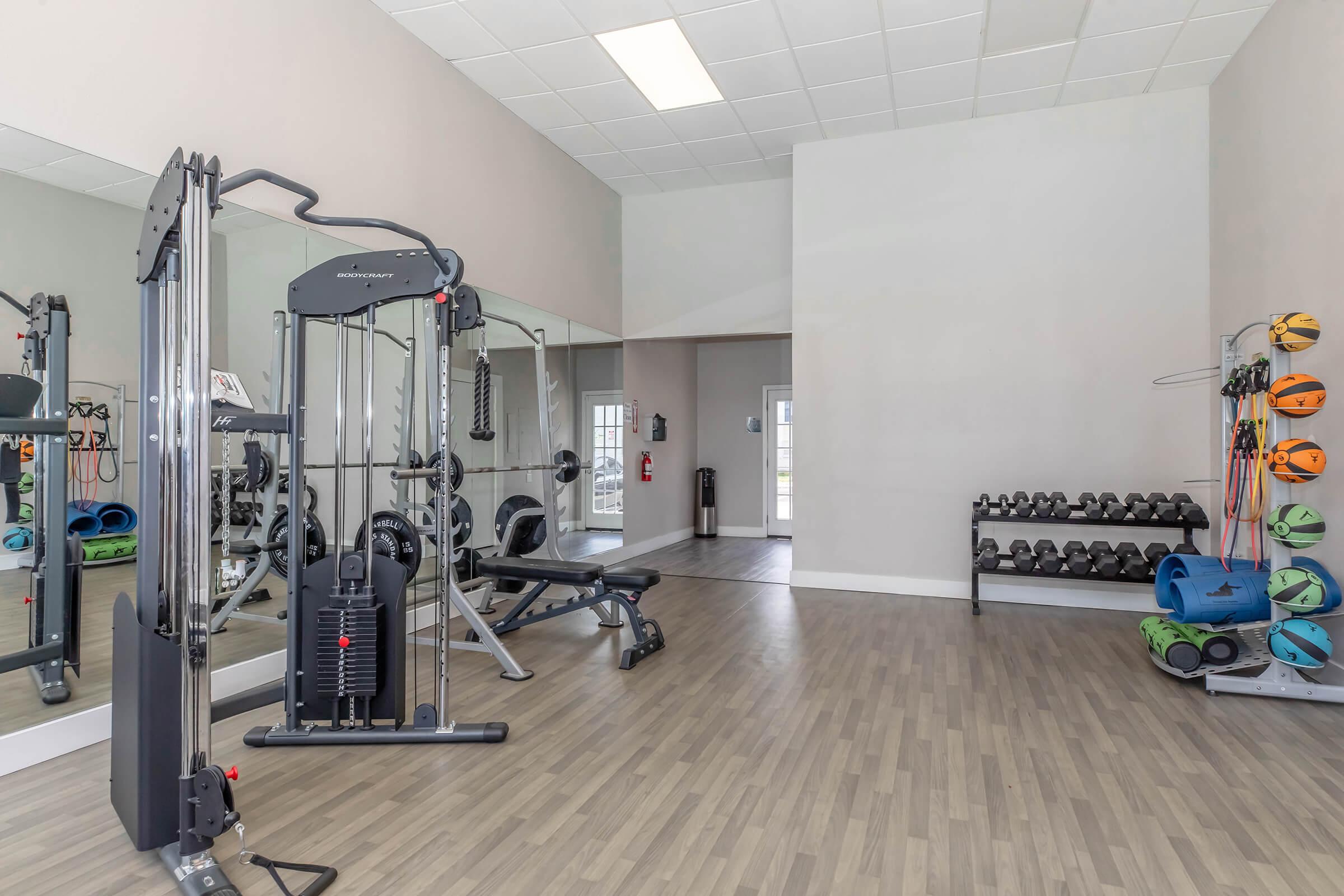 A modern gym interior featuring a multi-gym machine, a weight bench, free weights on a rack, and exercise mats. Large mirrors line one wall, enhancing the spacious feel of the room, which has a light color scheme and ample natural light.
