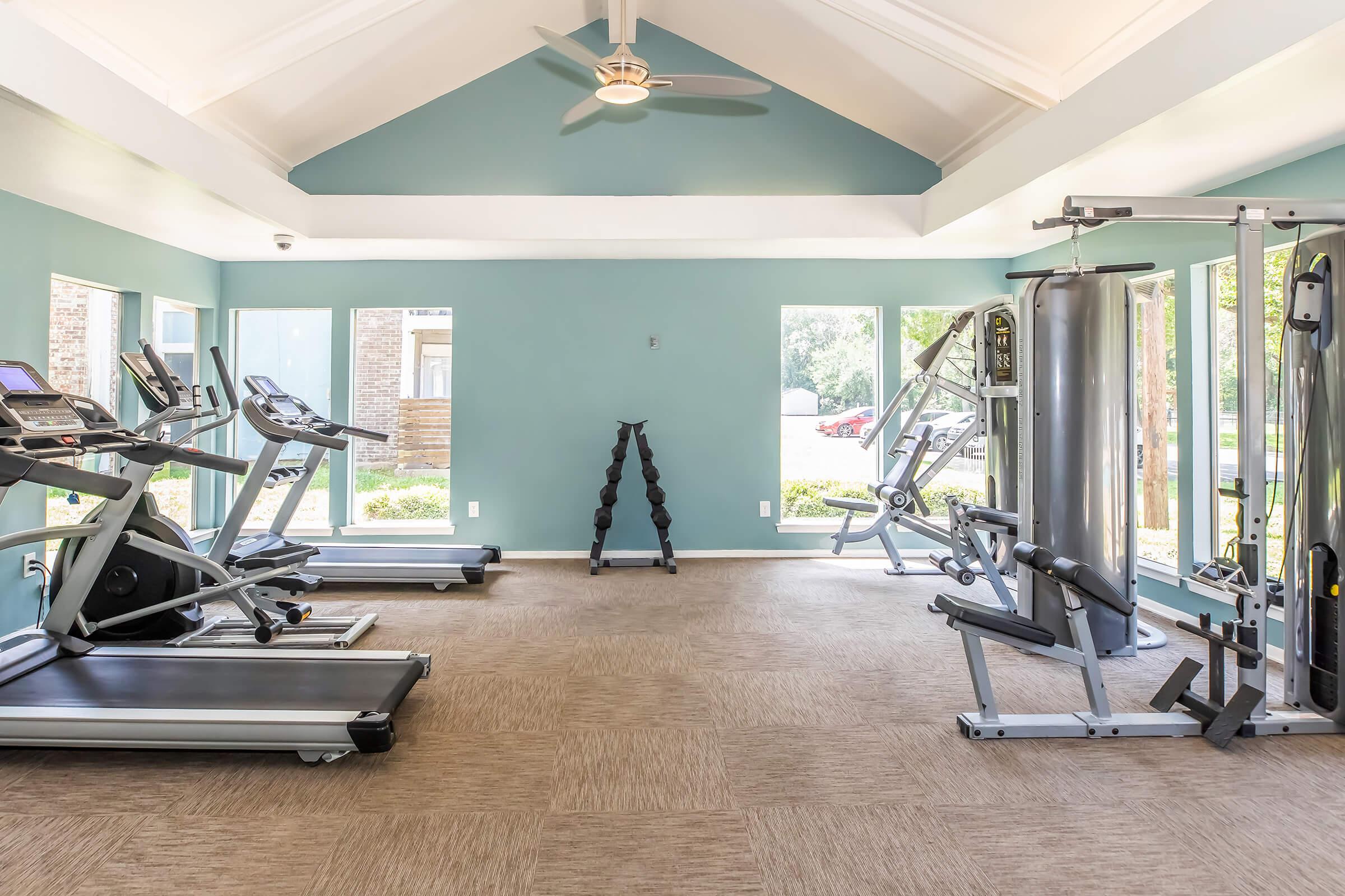 A spacious gym with large windows, featuring several treadmills, an elliptical machine, and a multi-station weight machine. Sunlight floods the room, highlighting the light blue walls and beige carpet flooring. Fitness equipment is organized and ready for use, creating a welcoming workout environment.