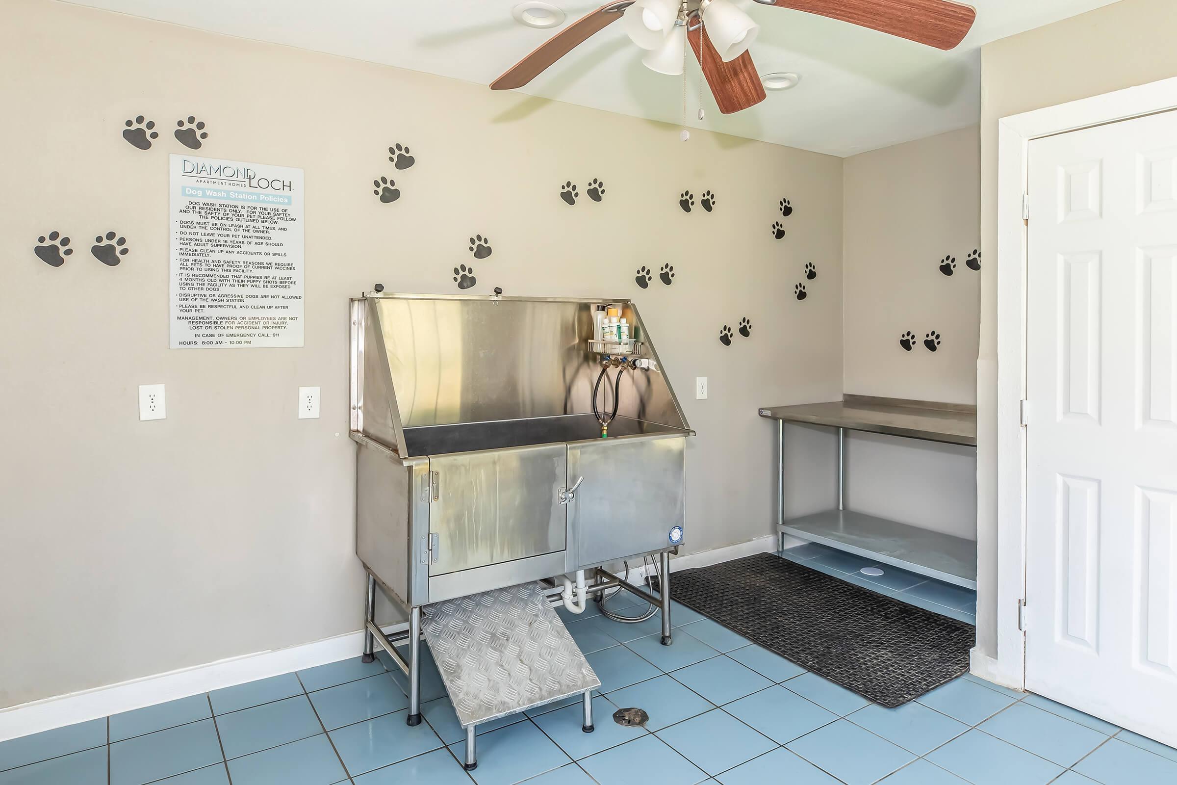 A clean and spacious pet grooming area featuring a stainless steel tub with a set of steps for pets, a drying station, and a minimalist design with paw print decals on the walls. The floor is tiled in light blue, creating a welcoming environment for pet grooming activities.