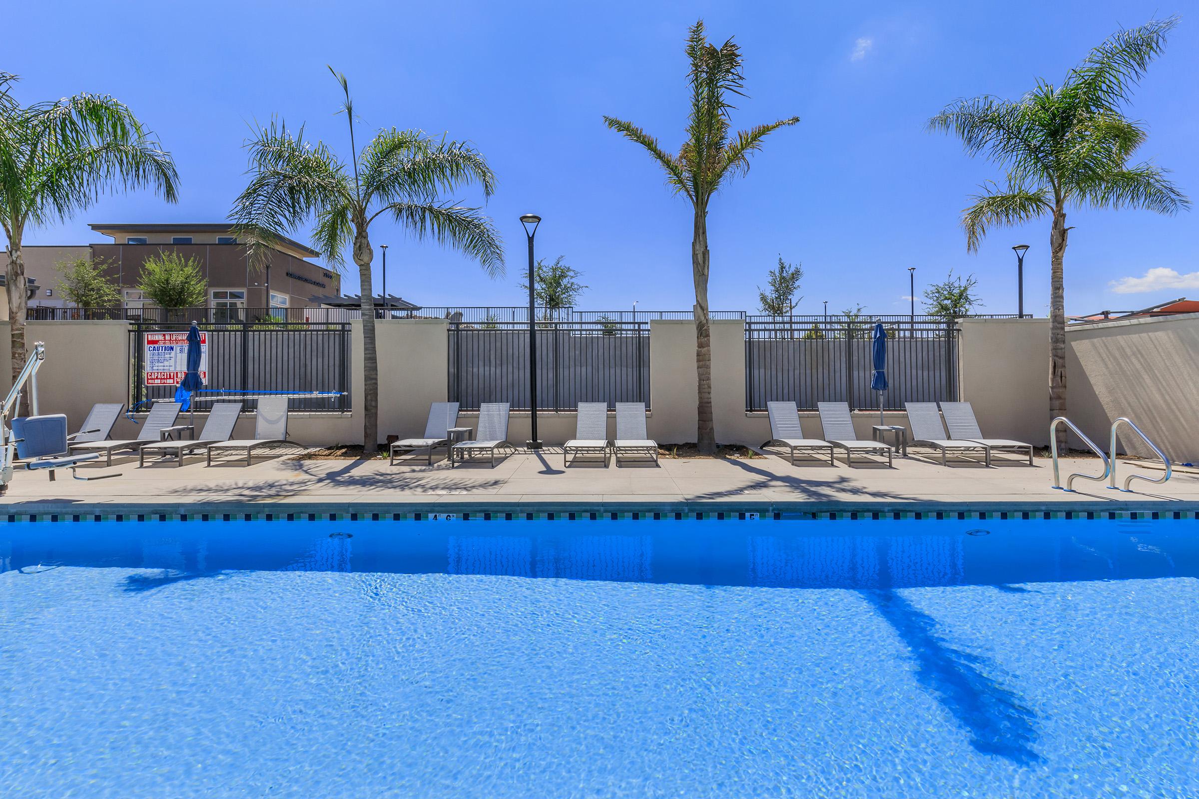 A swimming pool with clear blue water, surrounded by lounge chairs and palm trees. The area has a bright blue sky and a few clouds, with a fence and some greenery in the background, creating a relaxed and inviting atmosphere.