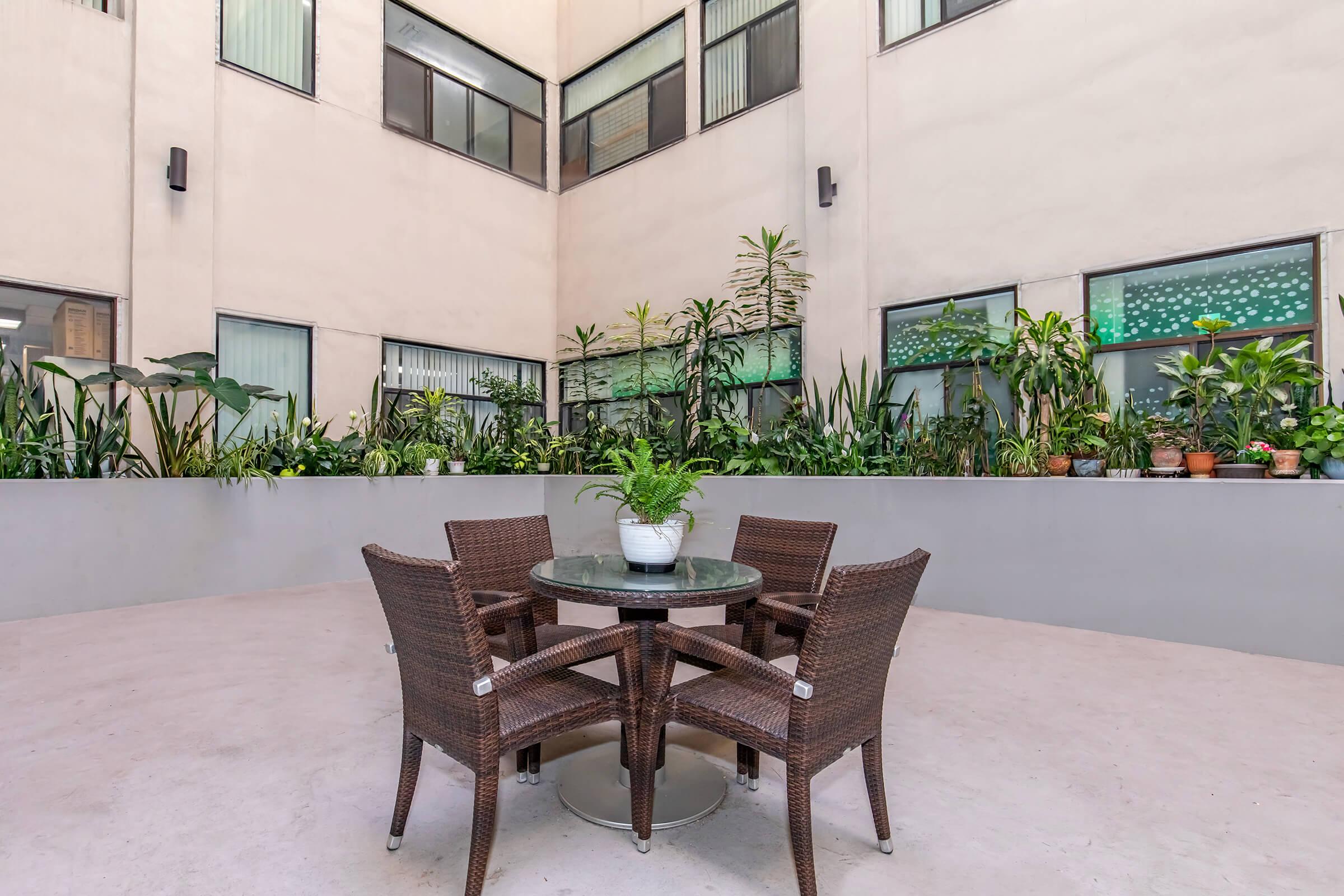 A small courtyard featuring a round glass table surrounded by four wicker chairs. Lush green plants in pots line the walls, with large windows providing a view of the greenery. The space is bright and inviting, ideal for relaxation or informal gatherings.