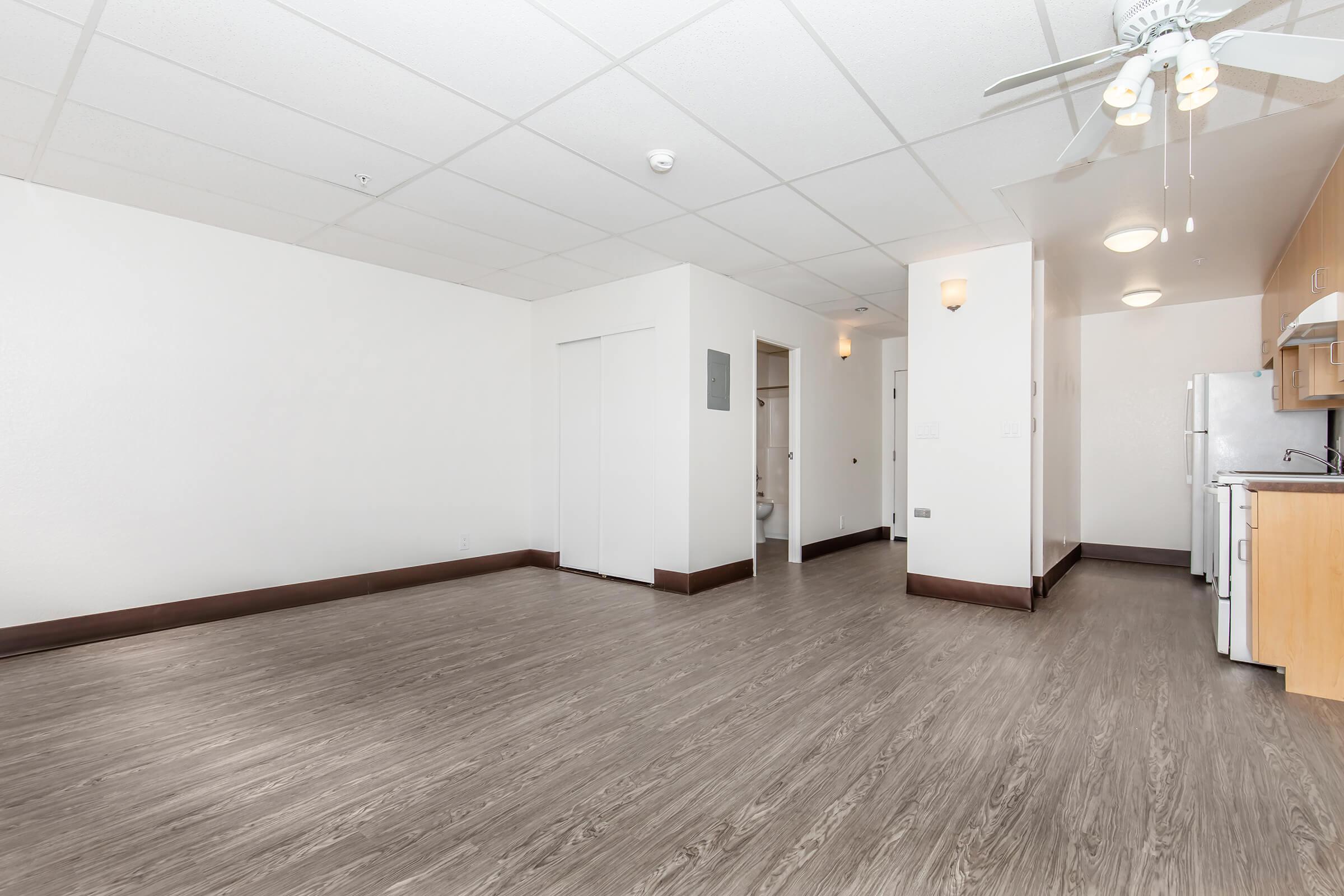 A spacious, empty apartment interior with light wood flooring, plain white walls, and a ceiling fan. The kitchen is in the corner, featuring wooden cabinets and appliances. A bathroom door is visible, and ample natural light fills the space, creating a bright and airy atmosphere.