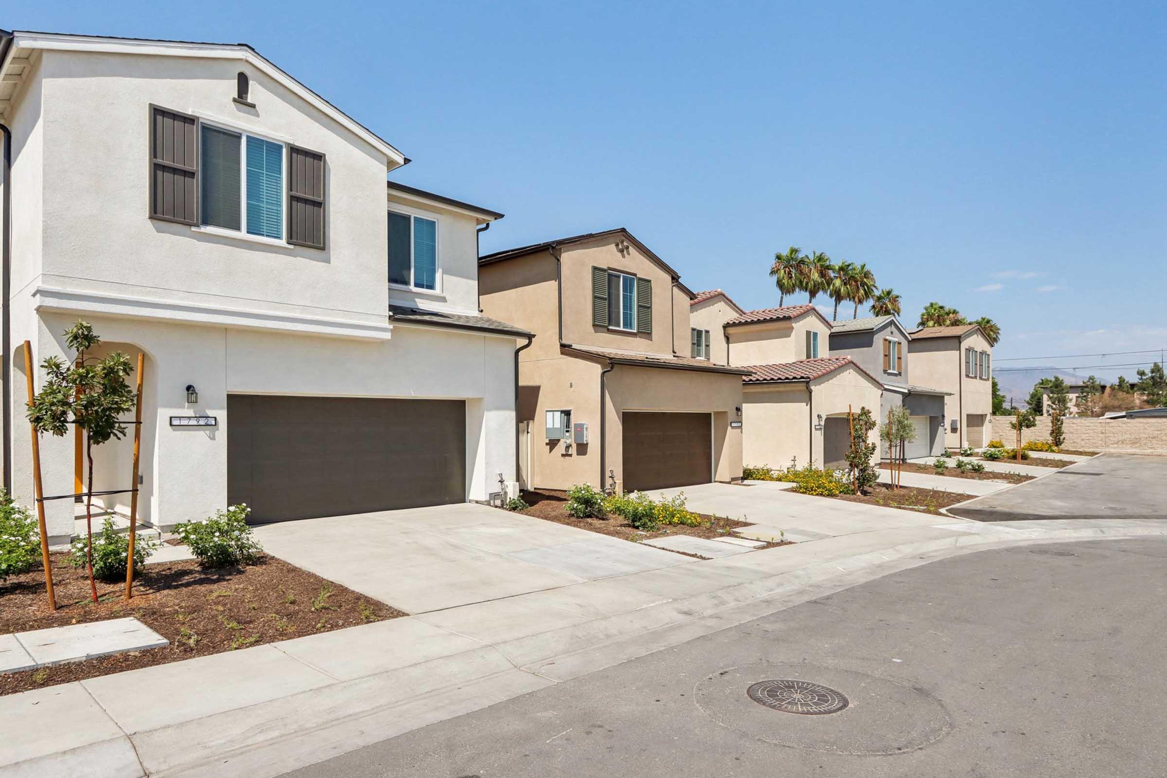 A row of modern residential homes with two-story designs. Each house features a garage, front landscaping with small trees and shrubs, and is situated along a paved street. The background includes palm trees and a clear blue sky.
