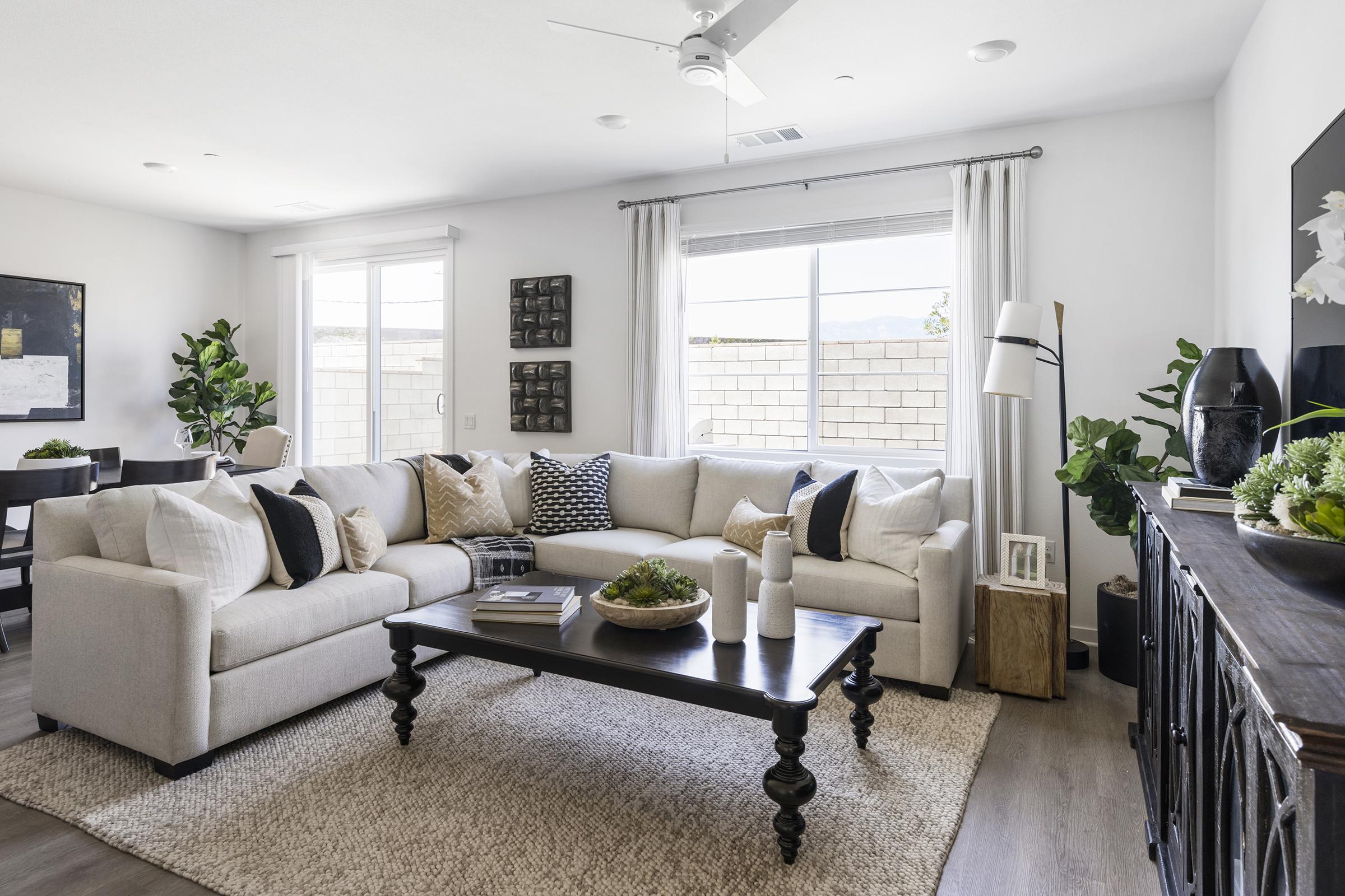 A modern living room with a light-colored sectional sofa adorned with black and white pillows. A dark wooden coffee table sits in the center, surrounded by a beige area rug. Potted plants add greenery to the space, and large windows let in natural light, with minimalistic decor and a cozy atmosphere.