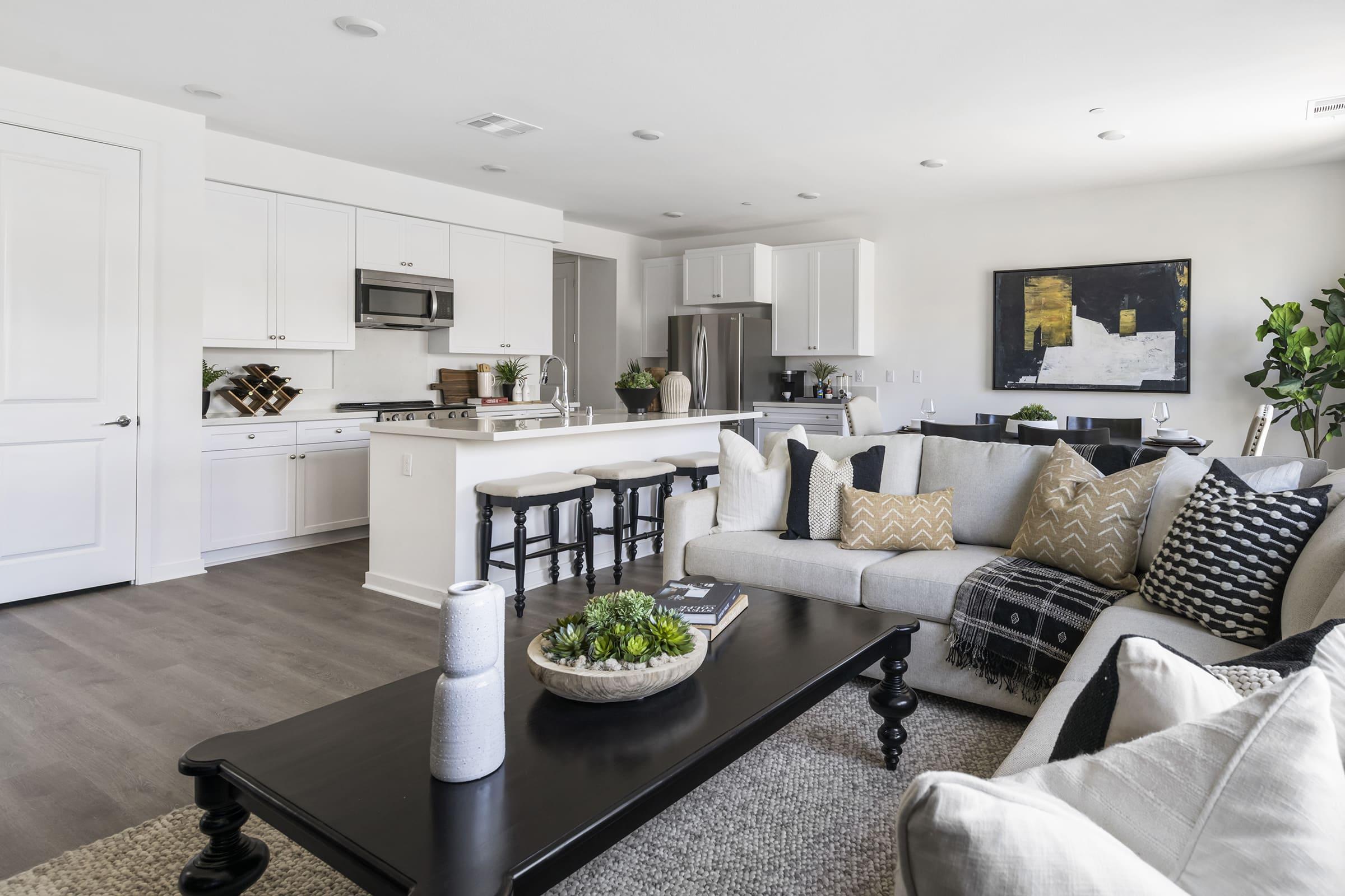 A modern living room and kitchen area featuring a light-colored sofa adorned with decorative pillows, a black coffee table with a decorative bowl, and a sleek kitchen with white cabinets and stainless steel appliances. Natural light fills the space, highlighting a contemporary art piece on the wall and plants in the background.