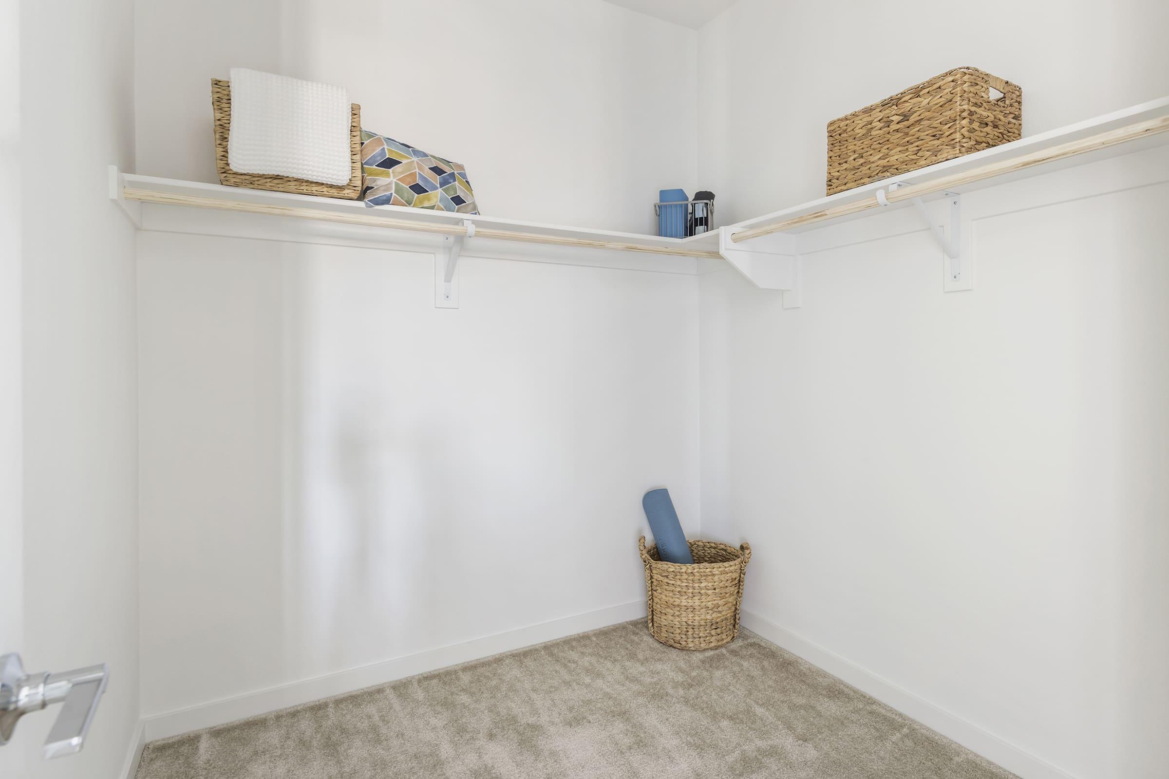 A minimalistic closet featuring white walls and light-colored carpeting. Two shelves hold decorative storage boxes and a blue container, while a woven basket sits on the floor. The space is well-lit and uncluttered, creating a clean and organized appearance.