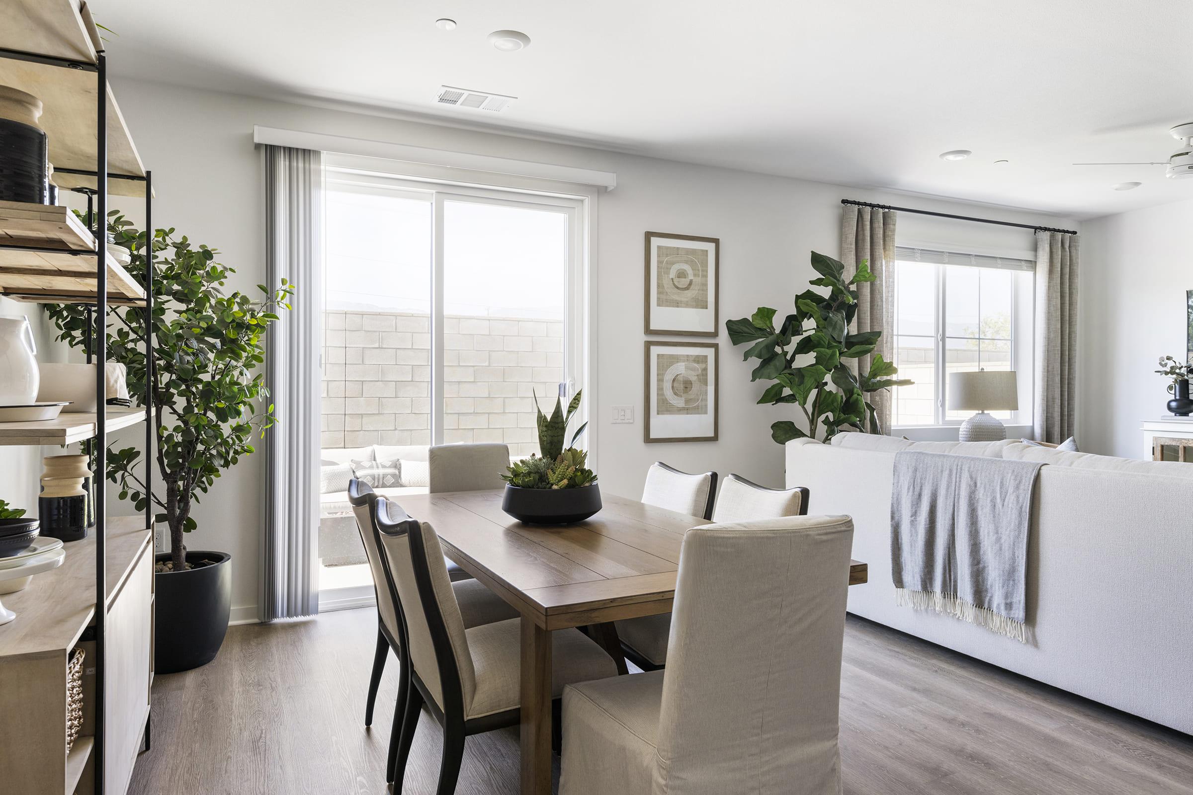 A modern, open-concept living space featuring a dining table with six chairs, indoor plants, and a light-filled area with large windows. The decor includes minimalistic artwork on the walls and a cozy couch partially covered with a blanket. A bookshelf and a potted plant add to the contemporary feel of the room.