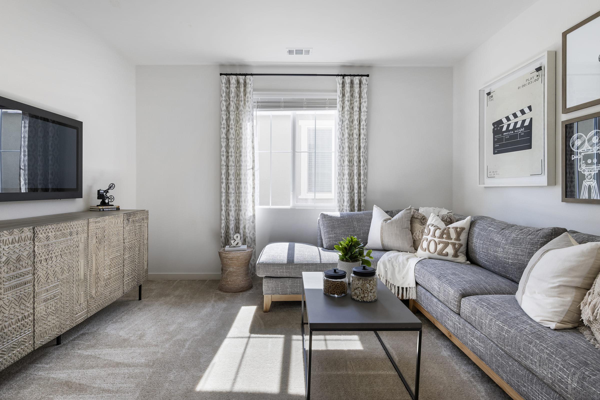 A modern living room featuring a gray sofa adorned with decorative pillows, a black coffee table, and a stylish cabinet. Large windows with light-filtering curtains allow natural light to fill the space. Decorative plants and art pieces add a cozy ambiance. The carpet is plush, enhancing the inviting atmosphere.