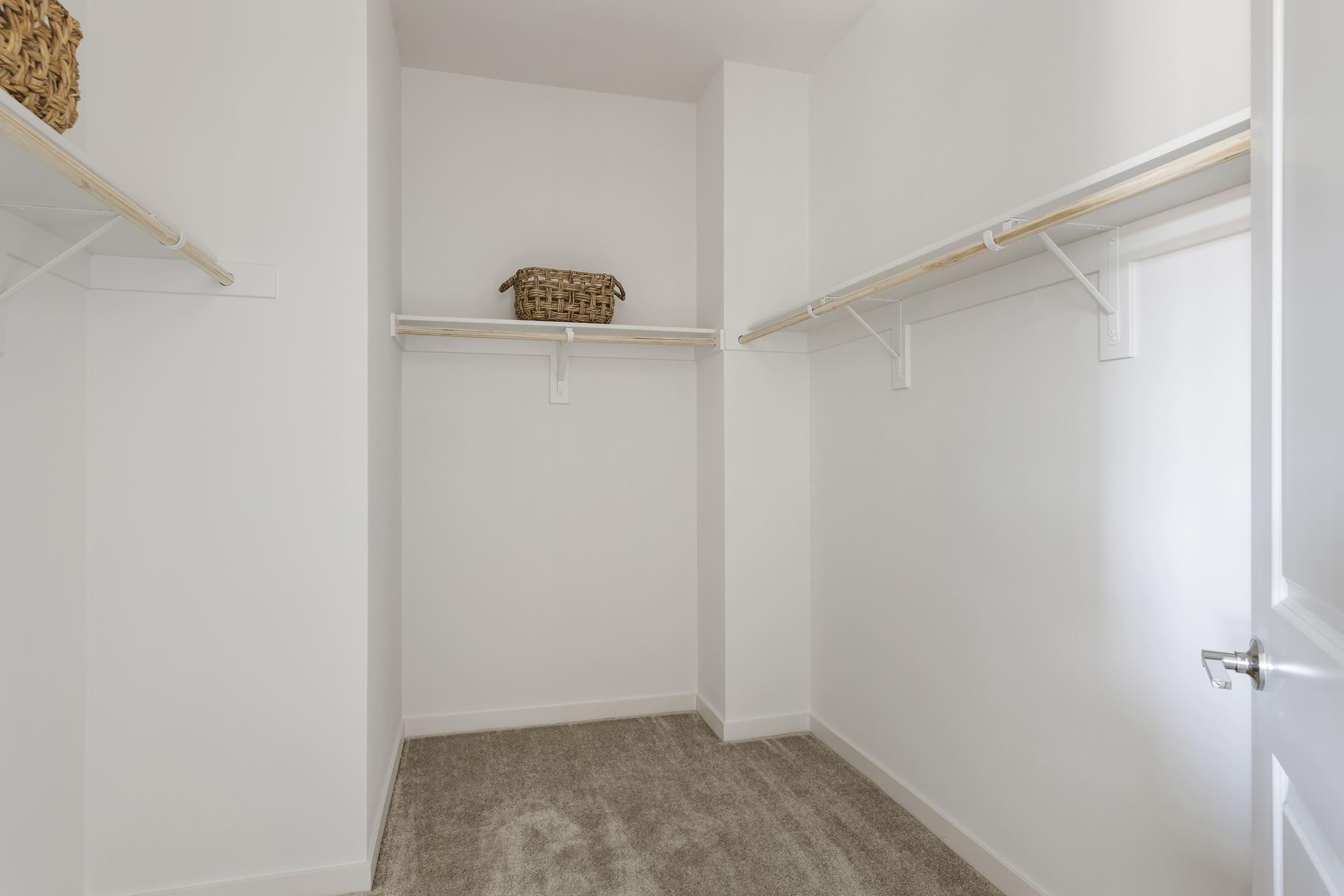 A spacious, empty closet with white walls and a light grey carpet. Two hanging shelves are mounted on either side, and a woven basket sits on the top shelf. A partially open white door leads into the closet, giving it a bright and clean appearance.