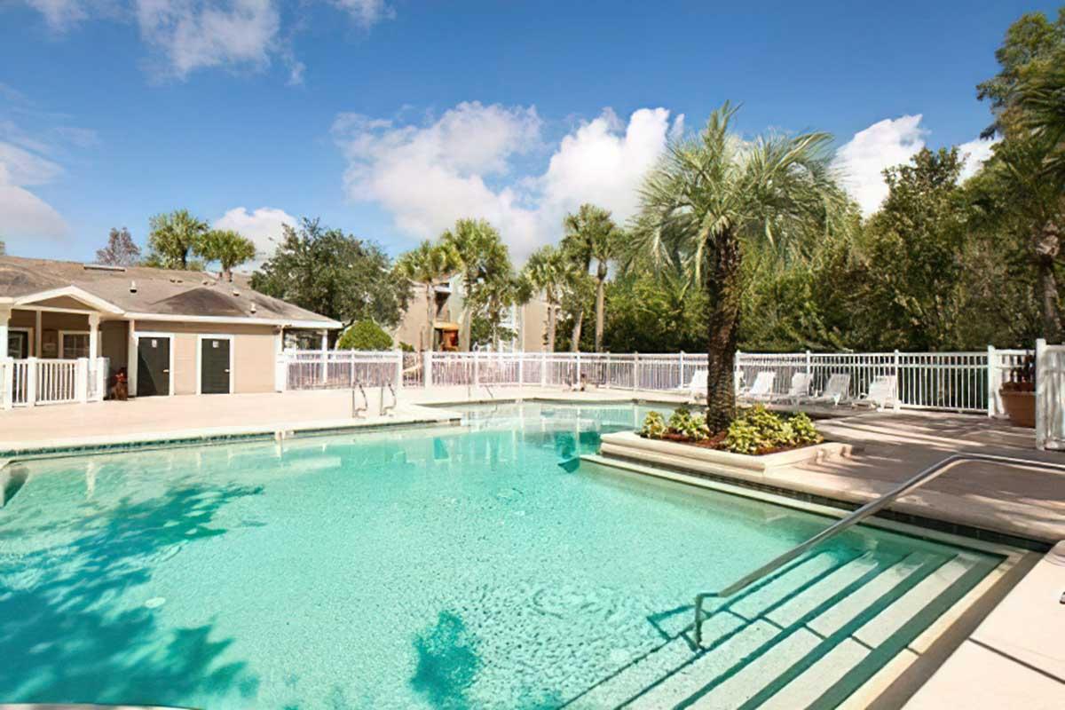 A sunny outdoor swimming pool surrounded by palm trees and a white fence. Lounge chairs are positioned around the pool area, and a clear blue sky with fluffy clouds can be seen overhead.