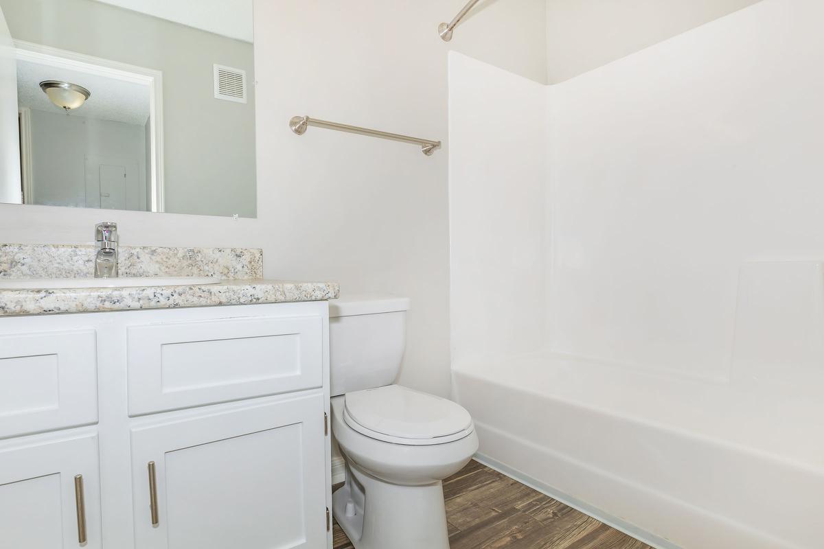 Bright bathroom in one bedroom apartment in Nashville, Tennessee.