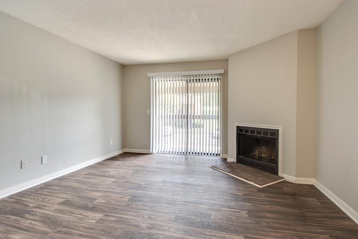 Living room with sliding door and fireplace