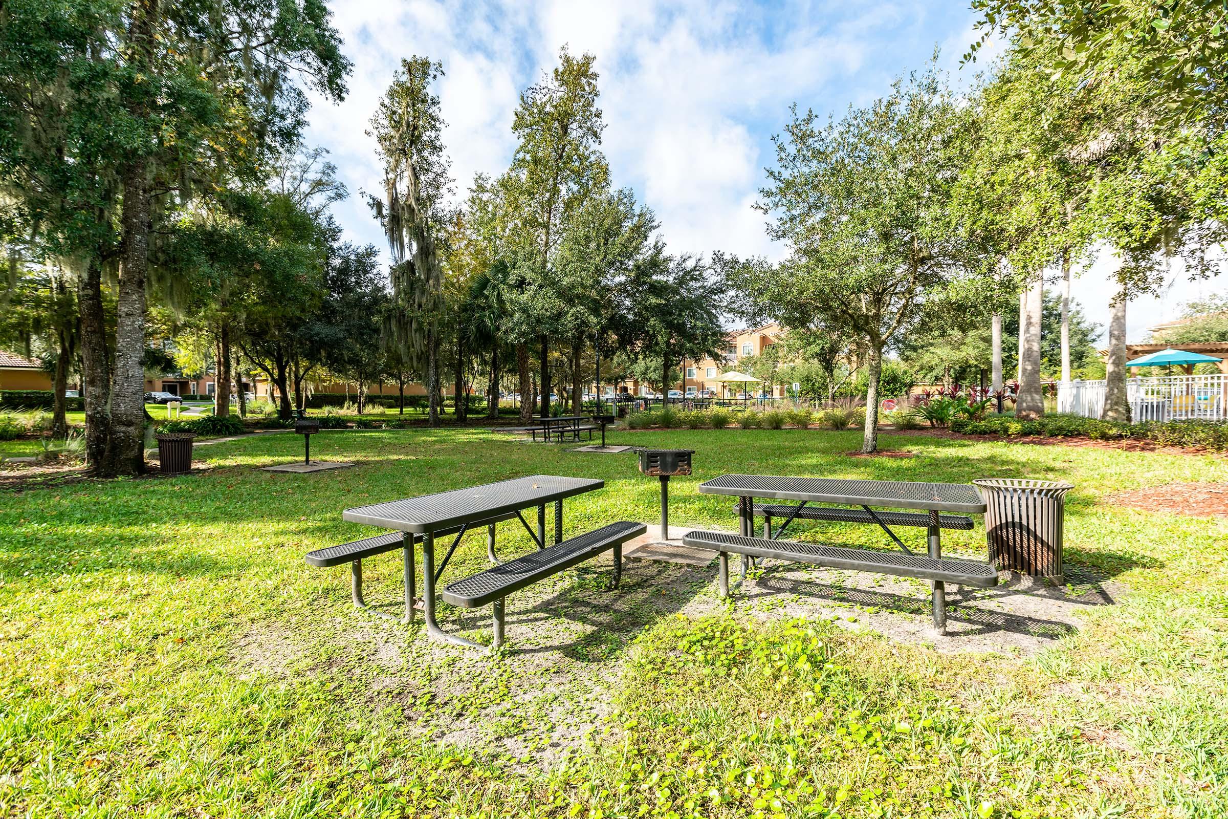 A sunny park scene featuring several black picnic tables surrounded by green grass and trees. In the background, there are more trees and a glimpse of colorful buildings. A grill is placed near one of the tables, and a trash can is visible, indicating a recreational area.