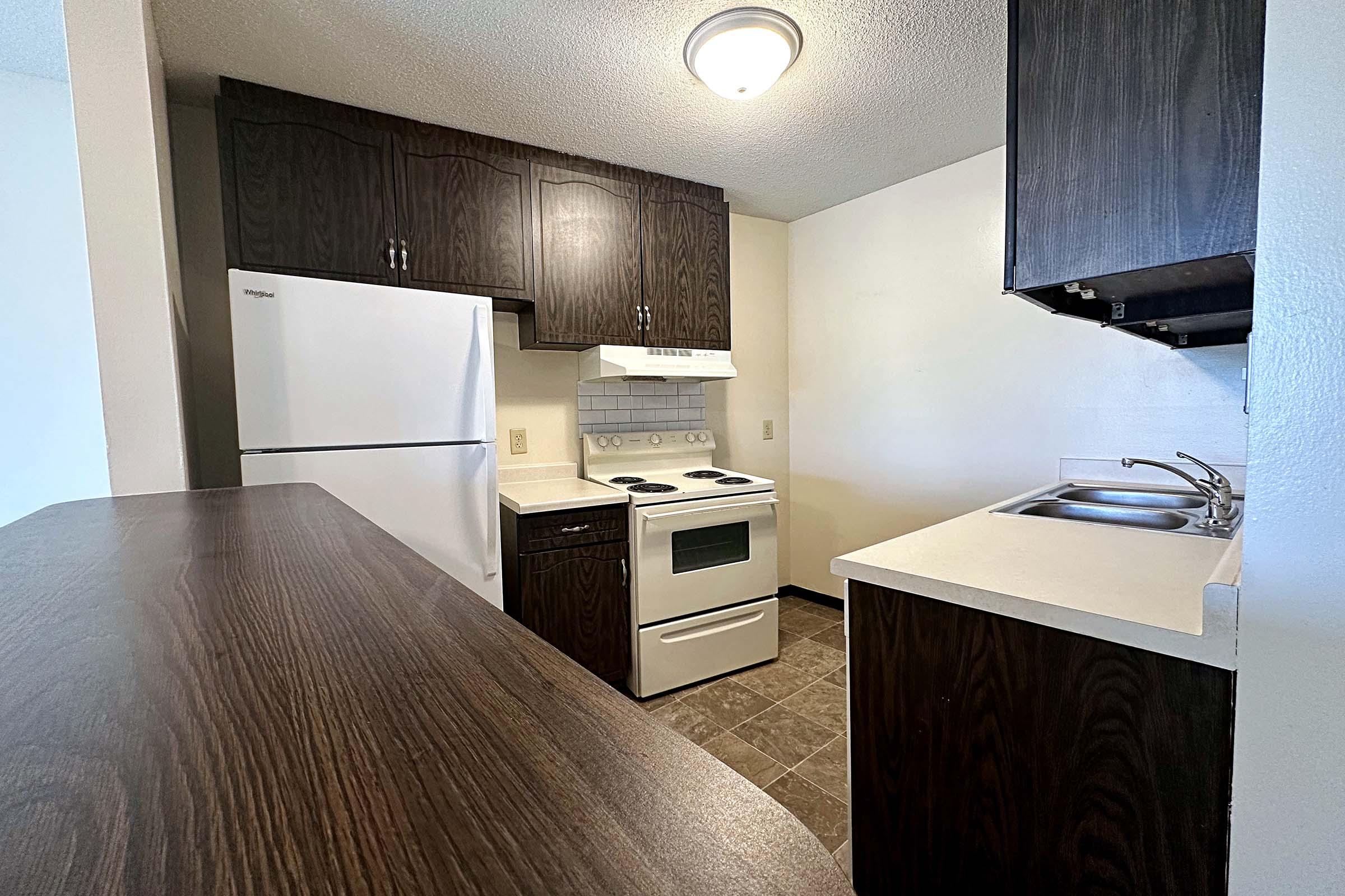 a kitchen with a stove sink and refrigerator